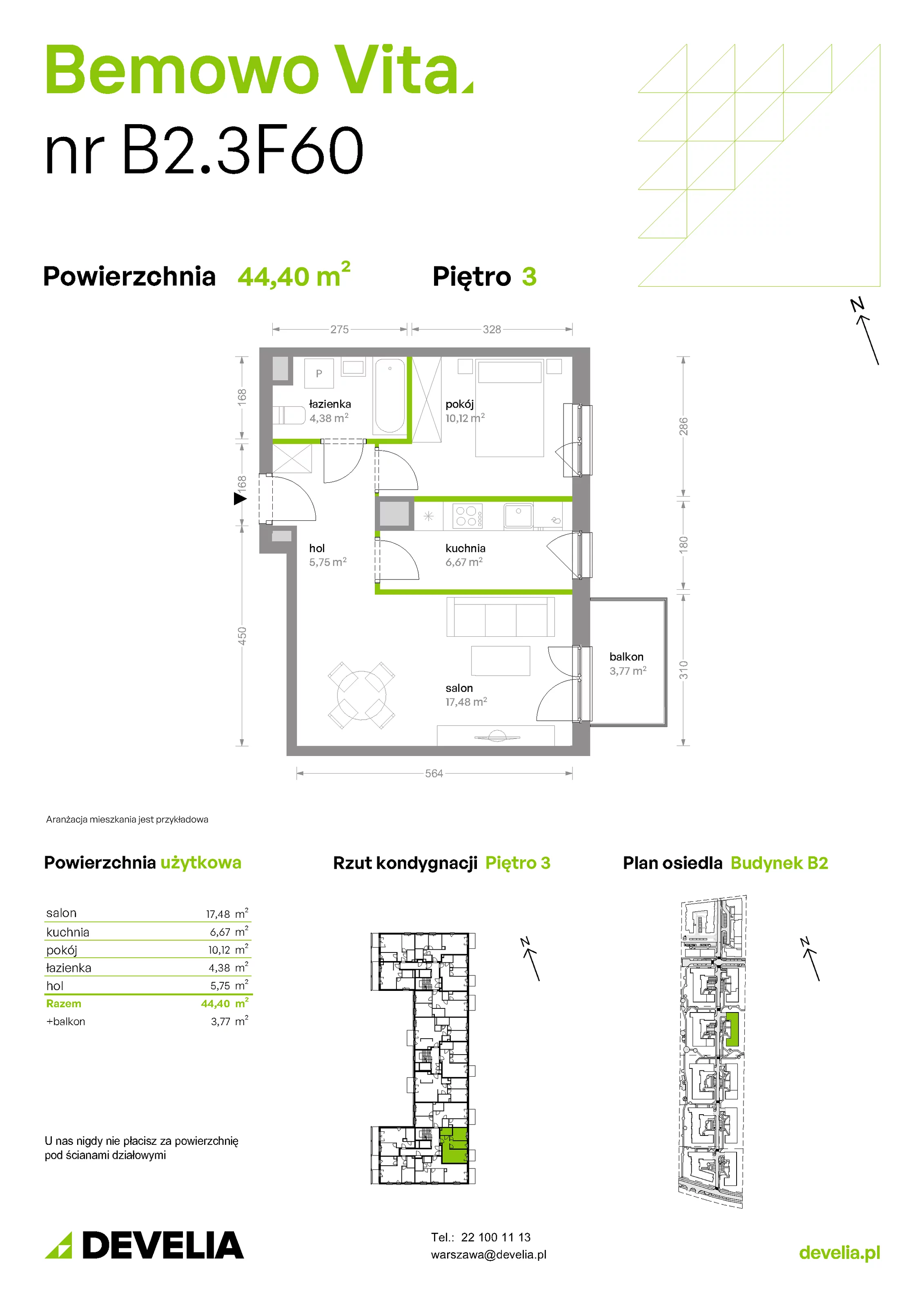 Mieszkanie 44,40 m², piętro 3, oferta nr B2/3/F60, Bemowo Vita etap II, Warszawa, Bemowo, Chrzanów, ul. Szeligowska 59