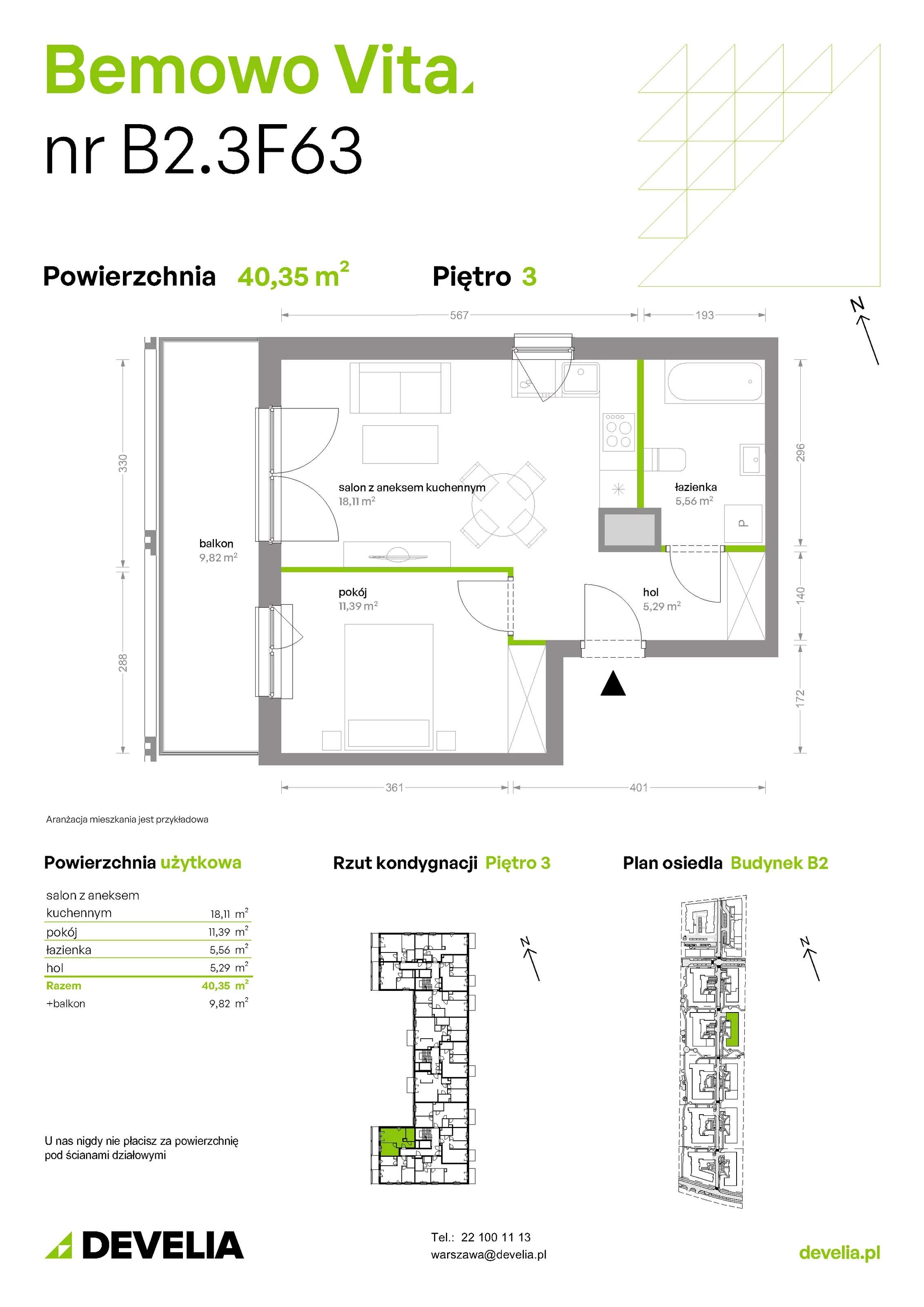 Mieszkanie 40,35 m², piętro 3, oferta nr B2/3/F63, Bemowo Vita etap II, Warszawa, Bemowo, Chrzanów, ul. Szeligowska 59