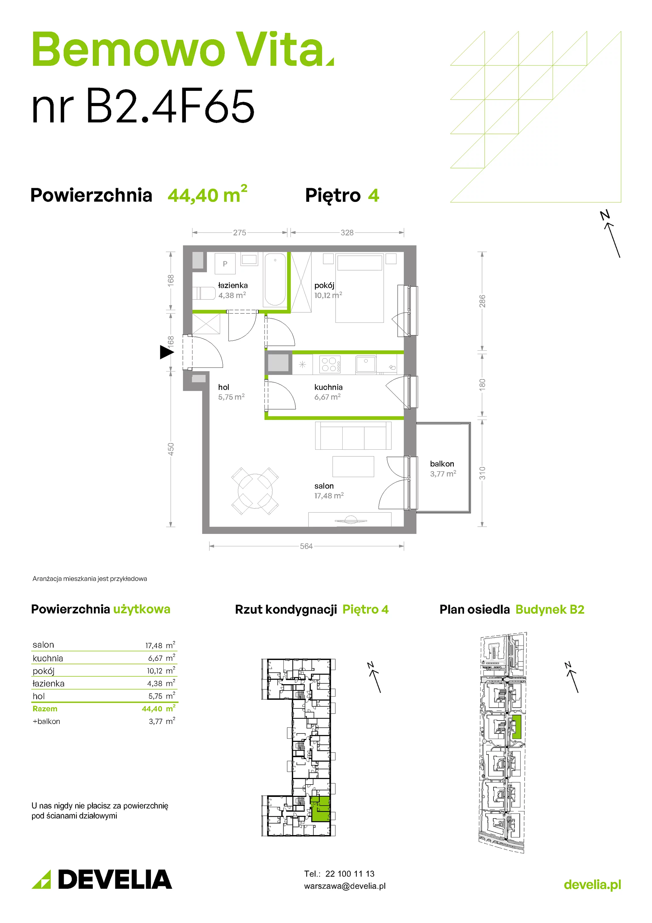 Mieszkanie 44,40 m², piętro 4, oferta nr B2/4/F65, Bemowo Vita etap II, Warszawa, Bemowo, Chrzanów, ul. Szeligowska 59