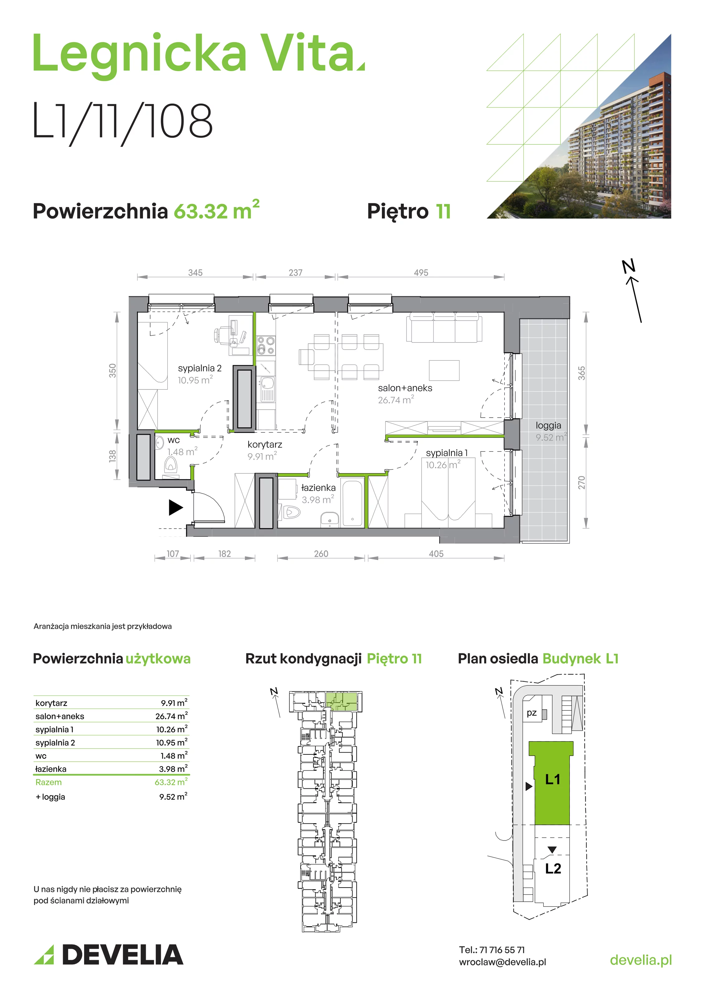 3 pokoje, mieszkanie 63,32 m², piętro 11, oferta nr L1/11/108, Legnicka Vita, Wrocław, Gądów-Popowice Południowe, Popowice, ul. Legnicka 52 A