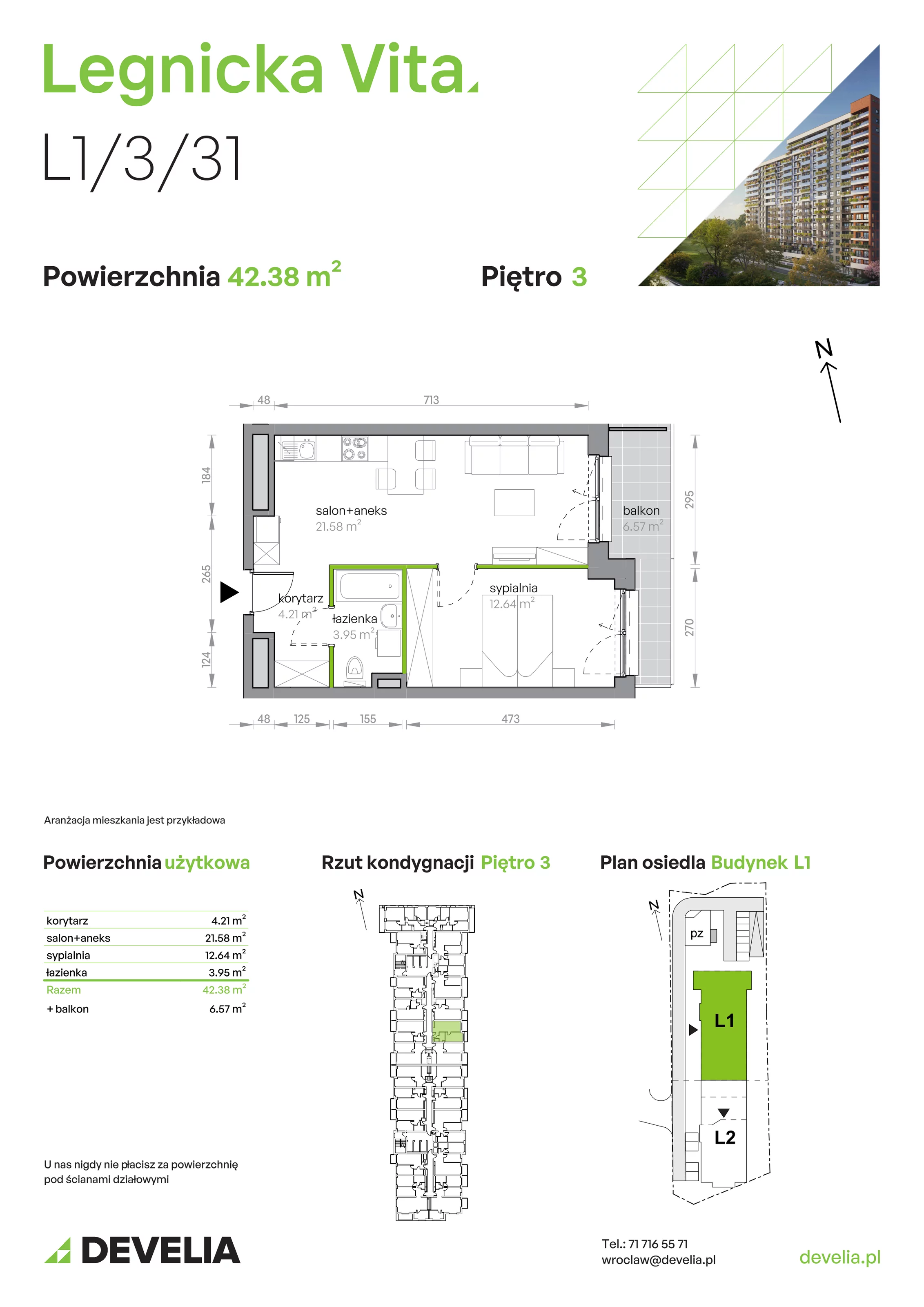 Mieszkanie 42,38 m², piętro 3, oferta nr L1/3/31, Legnicka Vita, Wrocław, Gądów-Popowice Południowe, Popowice, ul. Legnicka 52 A