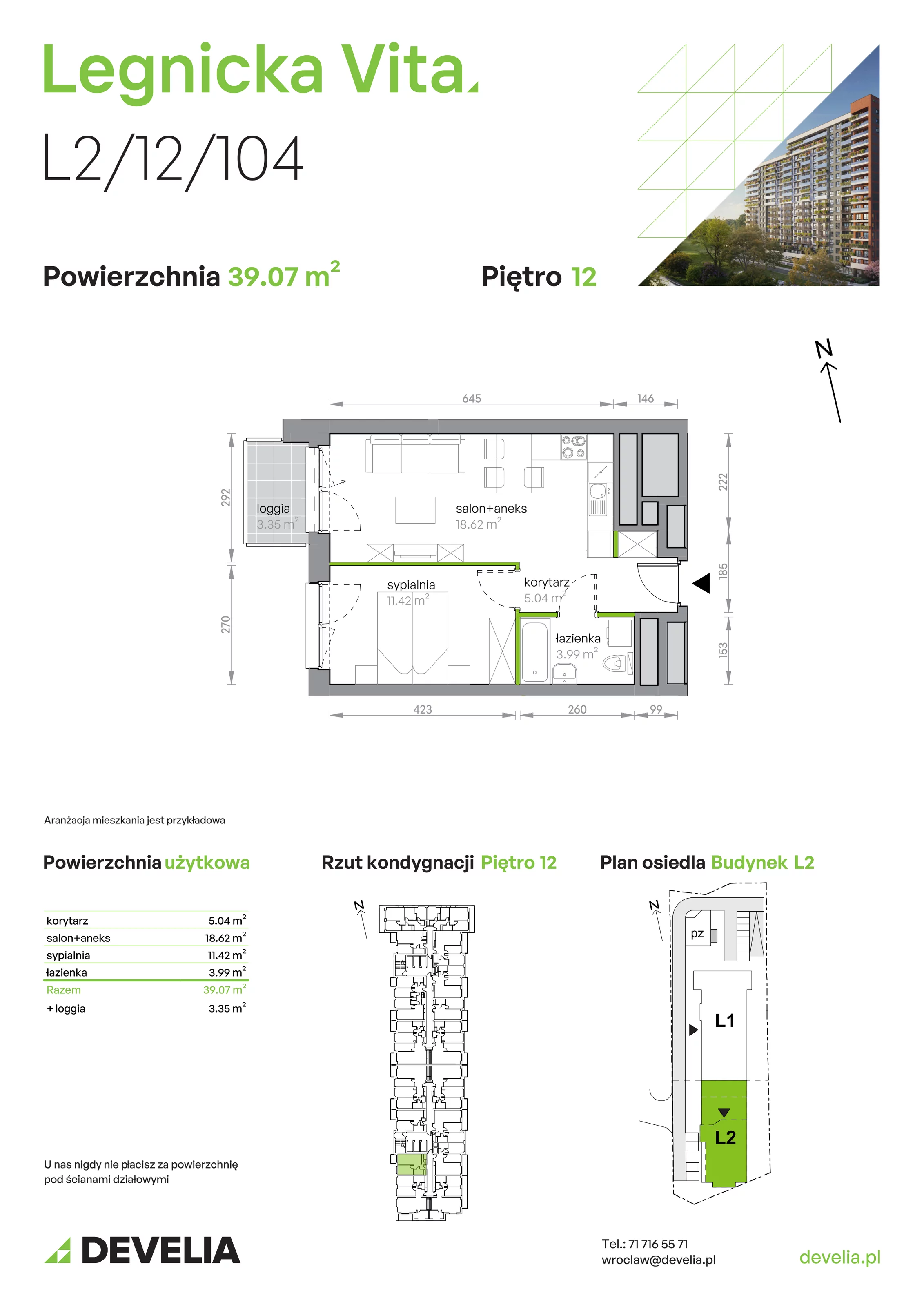 Mieszkanie 39,07 m², piętro 12, oferta nr L2/12/104, Legnicka Vita, Wrocław, Gądów-Popowice Południowe, Popowice, ul. Legnicka 52 A