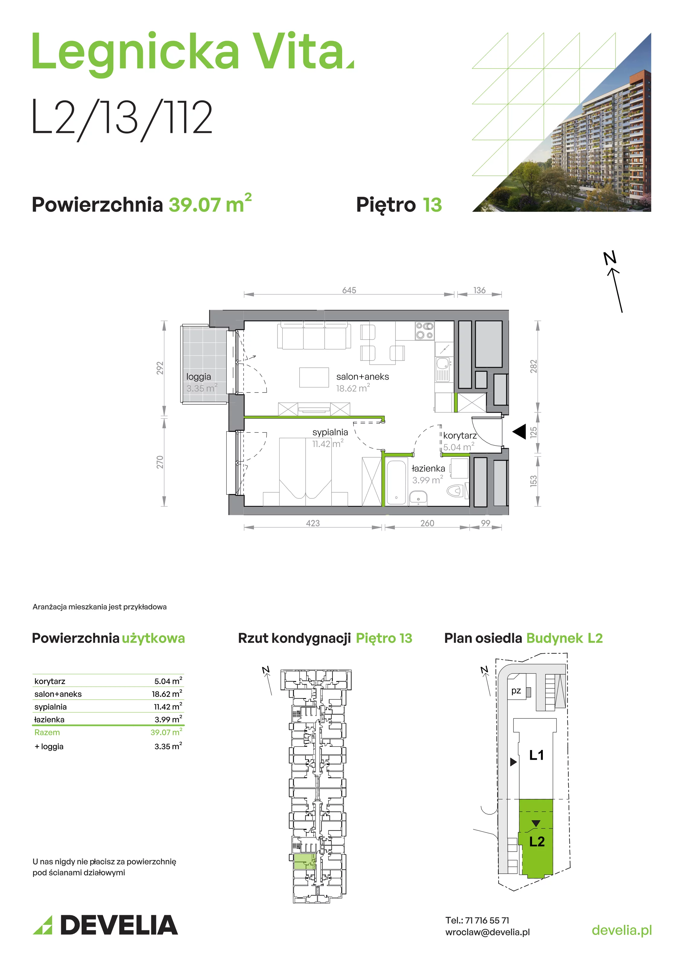 Mieszkanie 39,07 m², piętro 13, oferta nr L2/13/112, Legnicka Vita, Wrocław, Gądów-Popowice Południowe, Popowice, ul. Legnicka 52 A