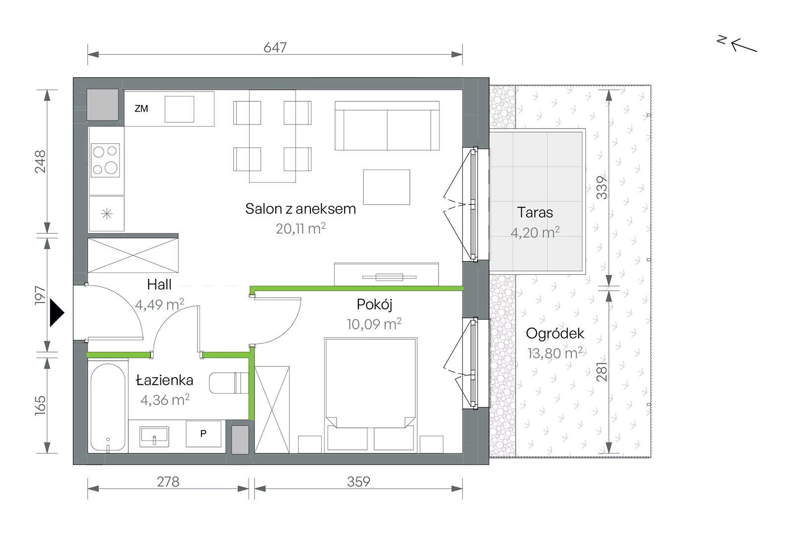 Mieszkanie 39,05 m², parter, oferta nr 2/B/1/02, Oliwska Vita etap II, Warszawa, Targówek, Bródno, ul. Oliwska 11