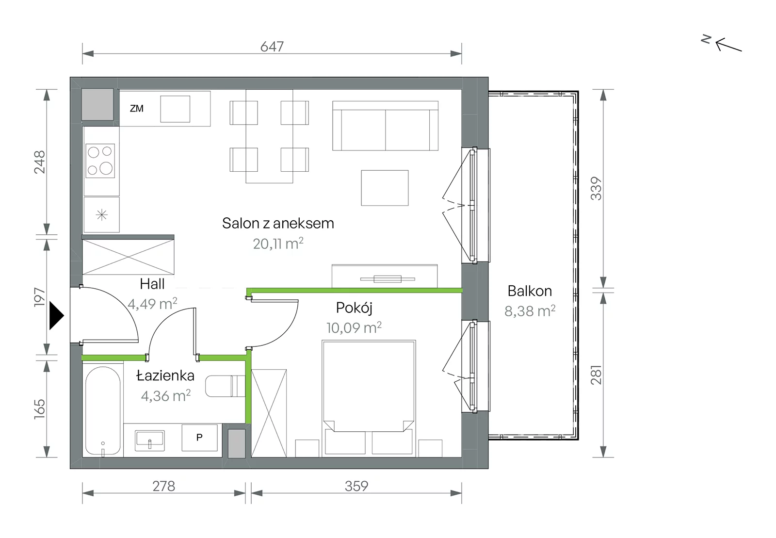 Mieszkanie 39,05 m², piętro 2, oferta nr 2/B/1/10, Oliwska Vita etap II, Warszawa, Targówek, Bródno, ul. Oliwska 11