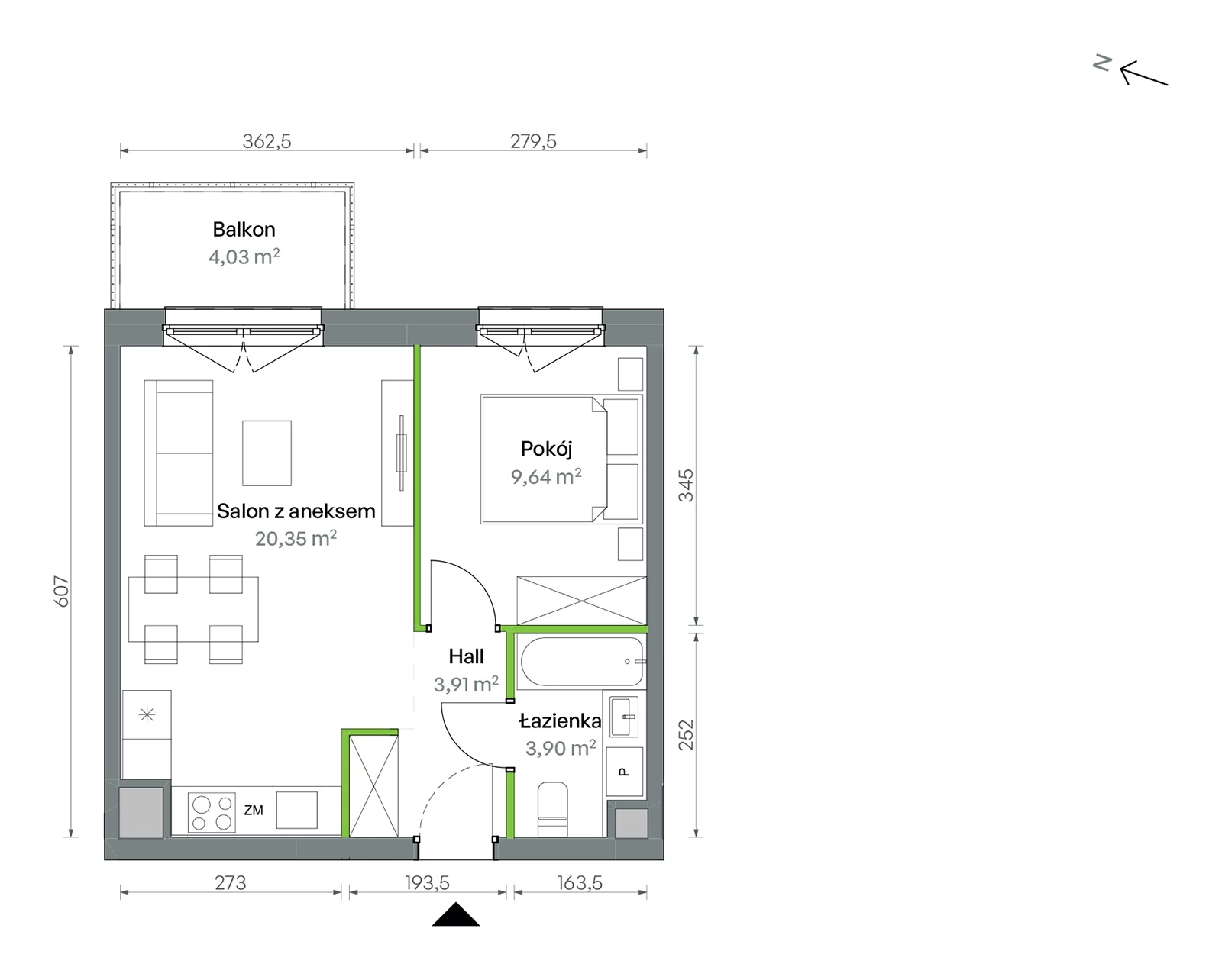 Mieszkanie 37,80 m², piętro 1, oferta nr 1/A/2/38, Oliwska Vita etap II, Warszawa, Targówek, Bródno, ul. Oliwska 11
