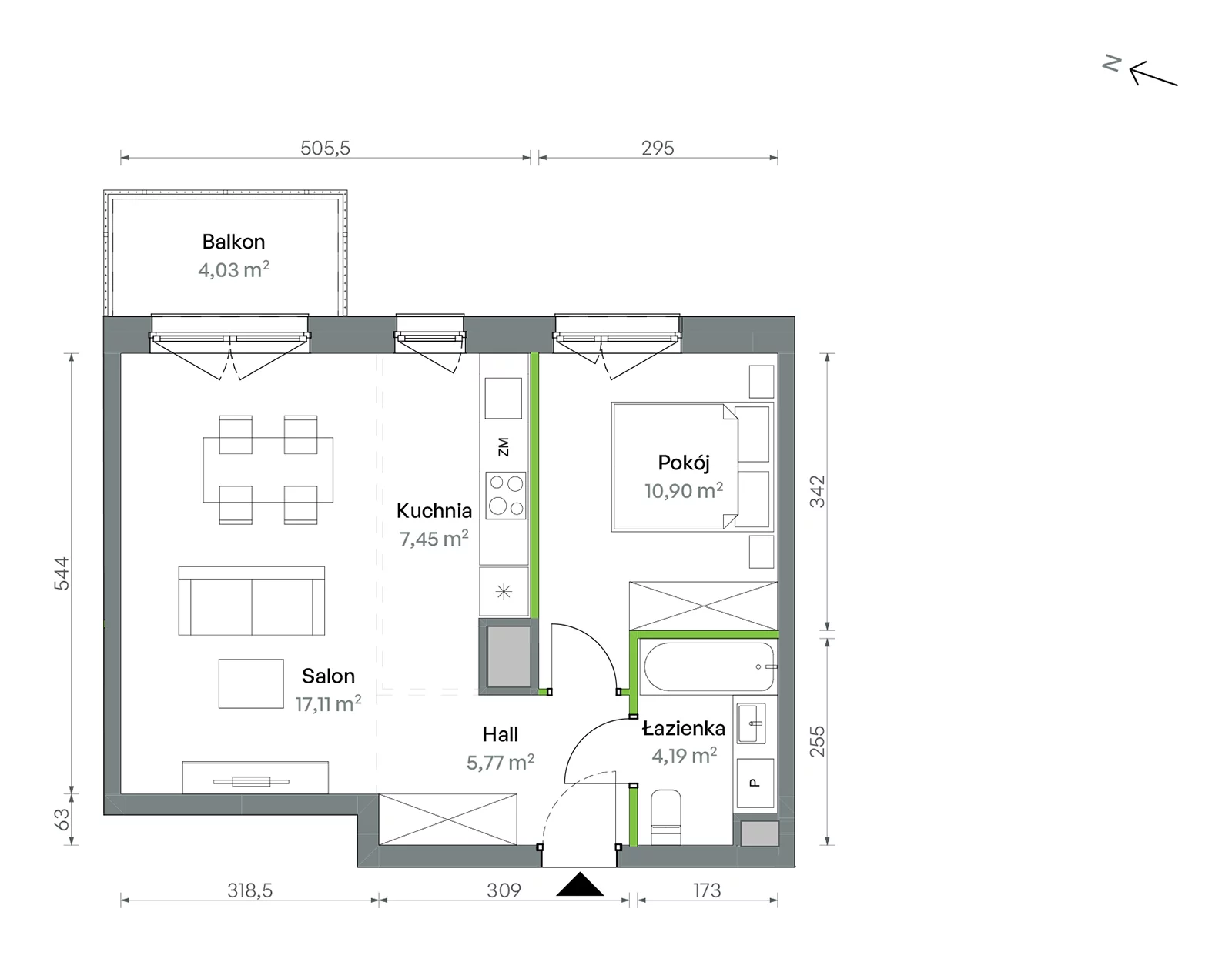 Mieszkanie 45,42 m², piętro 1, oferta nr 1/A/2/40, Oliwska Vita etap II, Warszawa, Targówek, Bródno, ul. Oliwska 11