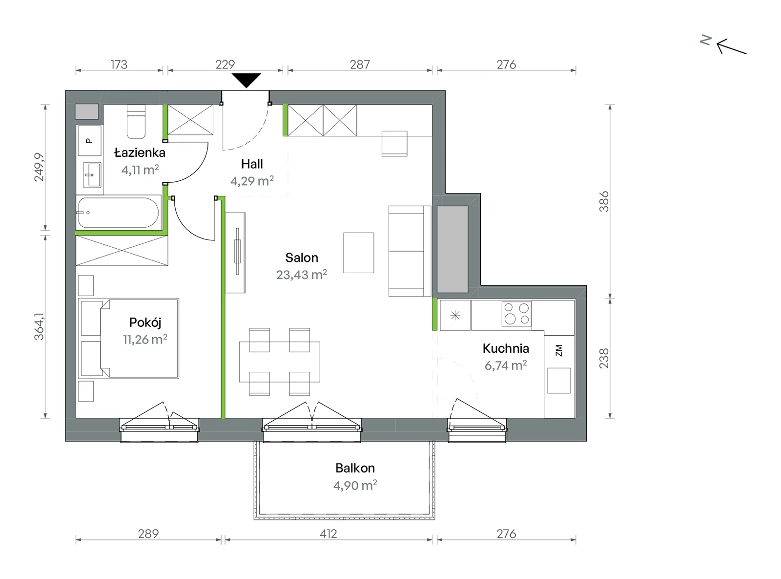 2 pokoje, mieszkanie 49,83 m², piętro 1, oferta nr 1/A/2/44, Oliwska Vita etap II, Warszawa, Targówek, Bródno, ul. Oliwska 11