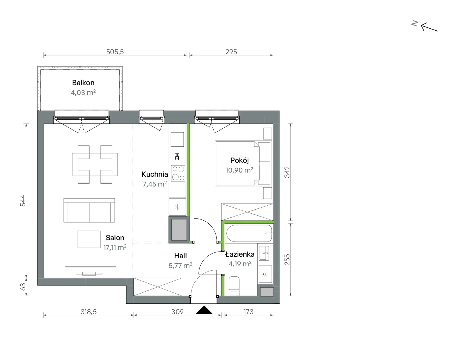 Mieszkanie 45,42 m², piętro 2, oferta nr 1/A/2/49, Oliwska Vita etap II, Warszawa, Targówek, Bródno, ul. Oliwska 11
