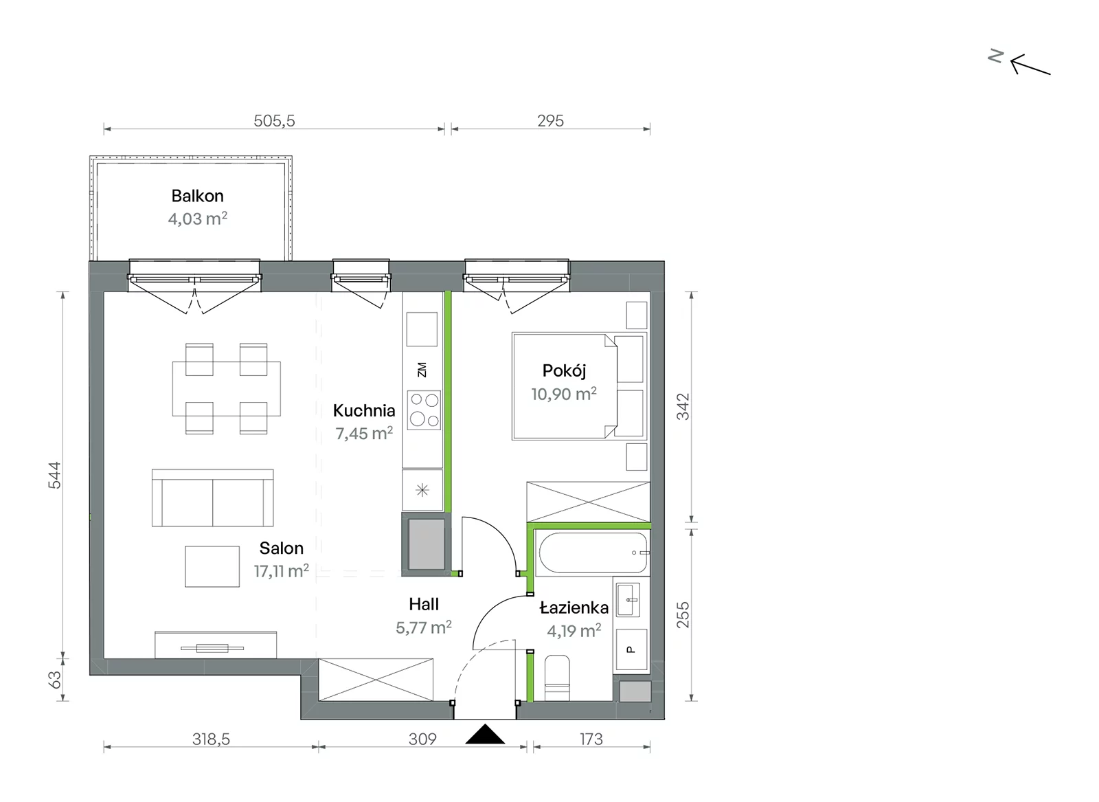 Mieszkanie 45,42 m², piętro 3, oferta nr 1/A/2/58, Oliwska Vita etap II, Warszawa, Targówek, Bródno, ul. Oliwska 11