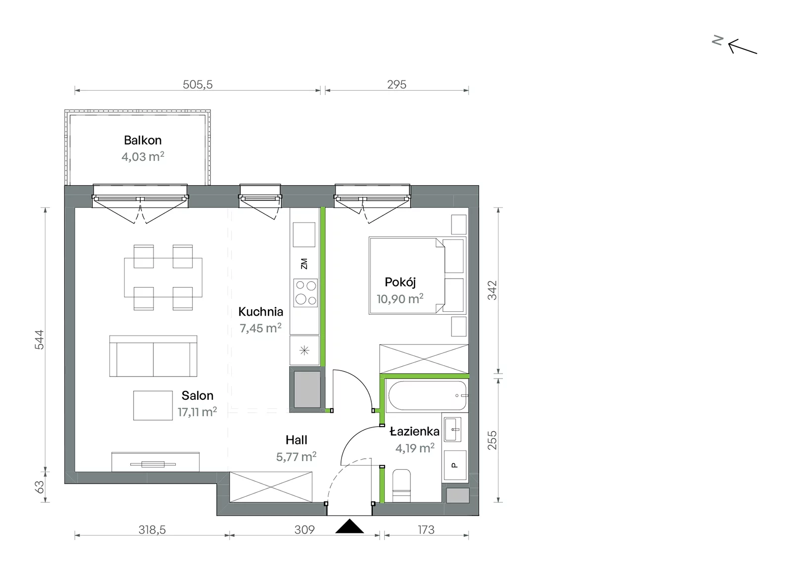 Mieszkanie 45,42 m², piętro 4, oferta nr 1/A/2/67, Oliwska Vita etap II, Warszawa, Targówek, Bródno, ul. Oliwska 11