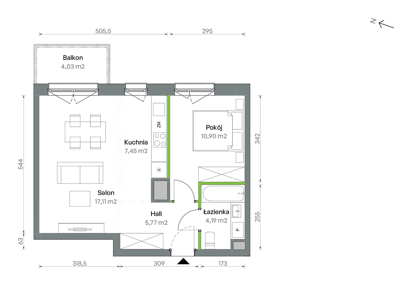 Mieszkanie 45,42 m², piętro 5, oferta nr 1/A/2/75, Oliwska Vita etap II, Warszawa, Targówek, Bródno, ul. Oliwska 11