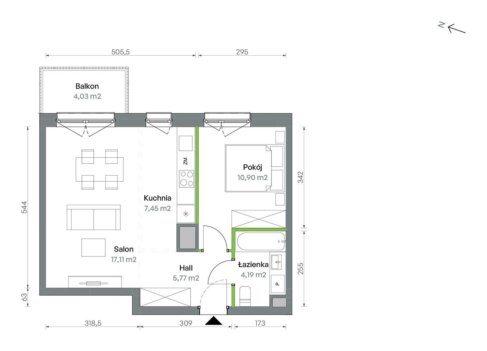 Mieszkanie 45,42 m², piętro 7, oferta nr 1/A/2/91, Oliwska Vita etap II, Warszawa, Targówek, Bródno, ul. Oliwska 11