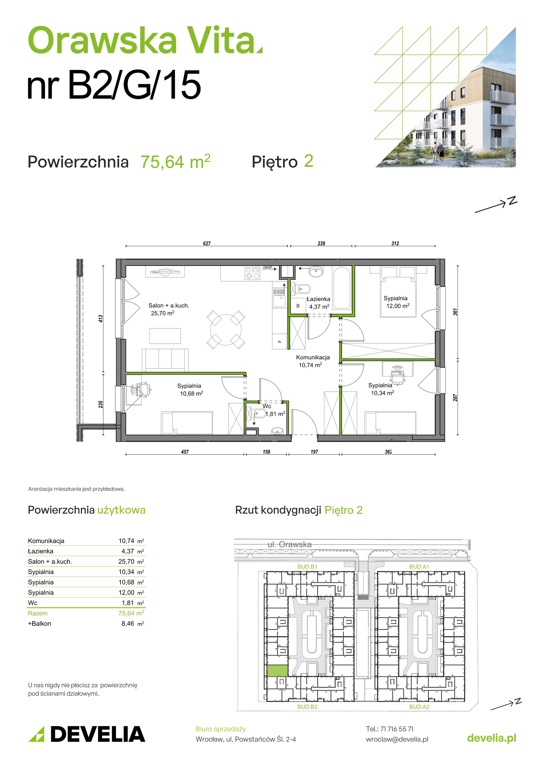 Mieszkanie 75,41 m², piętro 2, oferta nr B2/G/15, Orawska Vita, Wrocław, Ołtaszyn, Krzyki, ul. Orawska 73