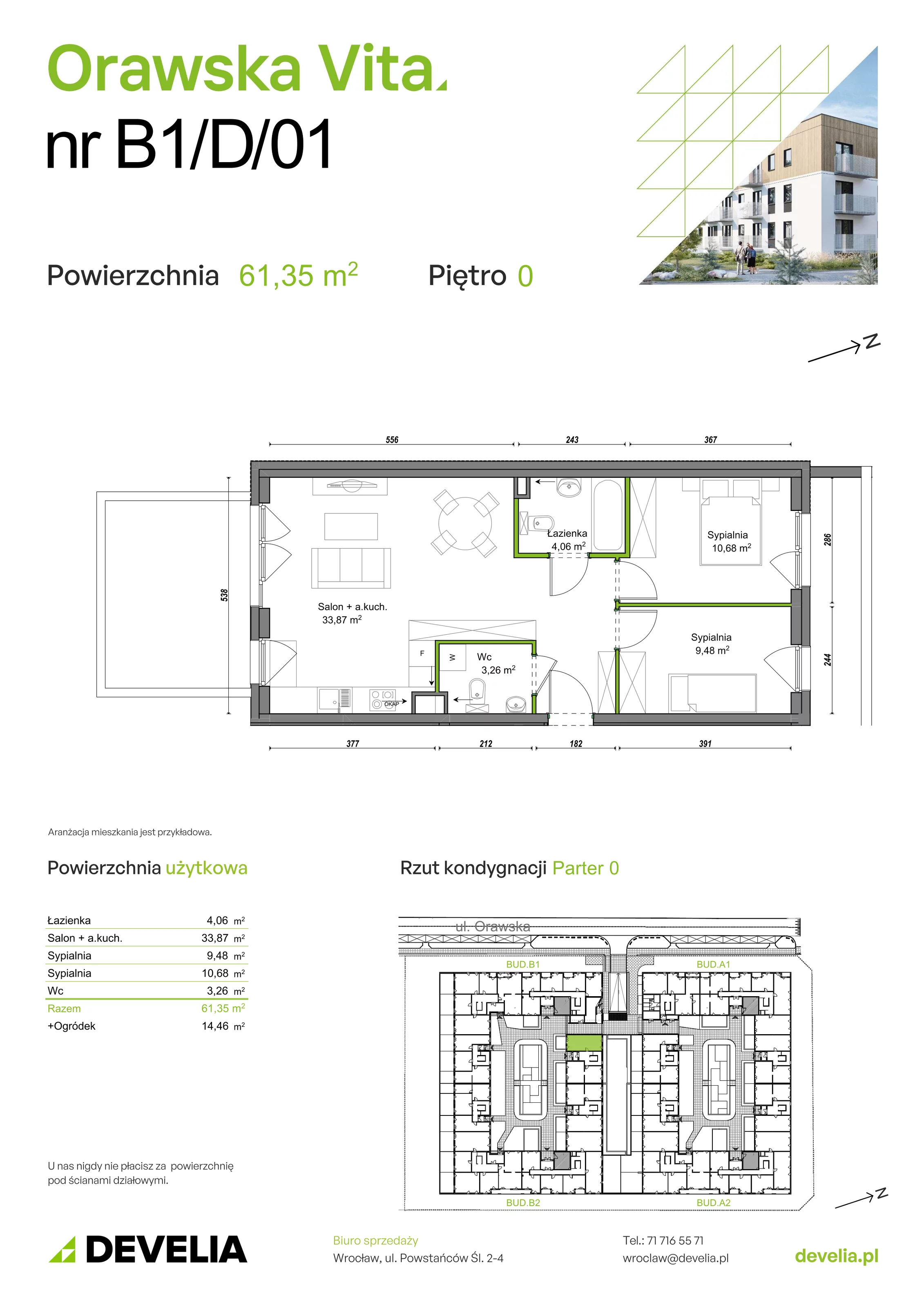 3 pokoje, mieszkanie 61,19 m², parter, oferta nr B1/D/01, Orawska Vita, Wrocław, Ołtaszyn, Krzyki, ul. Orawska 73