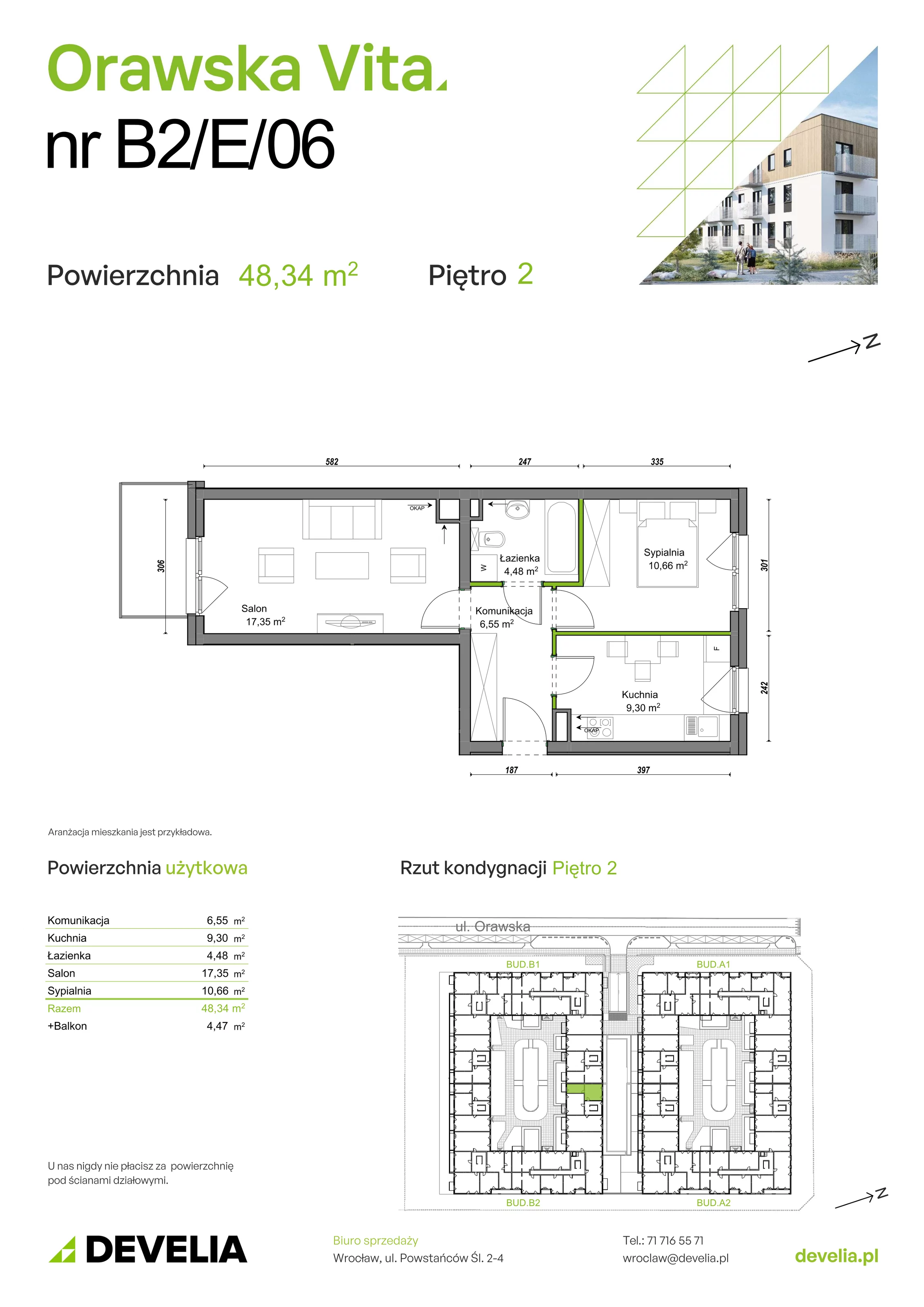 2 pokoje, mieszkanie 48,07 m², piętro 2, oferta nr B2/E/06, Orawska Vita, Wrocław, Ołtaszyn, Krzyki, ul. Orawska 73