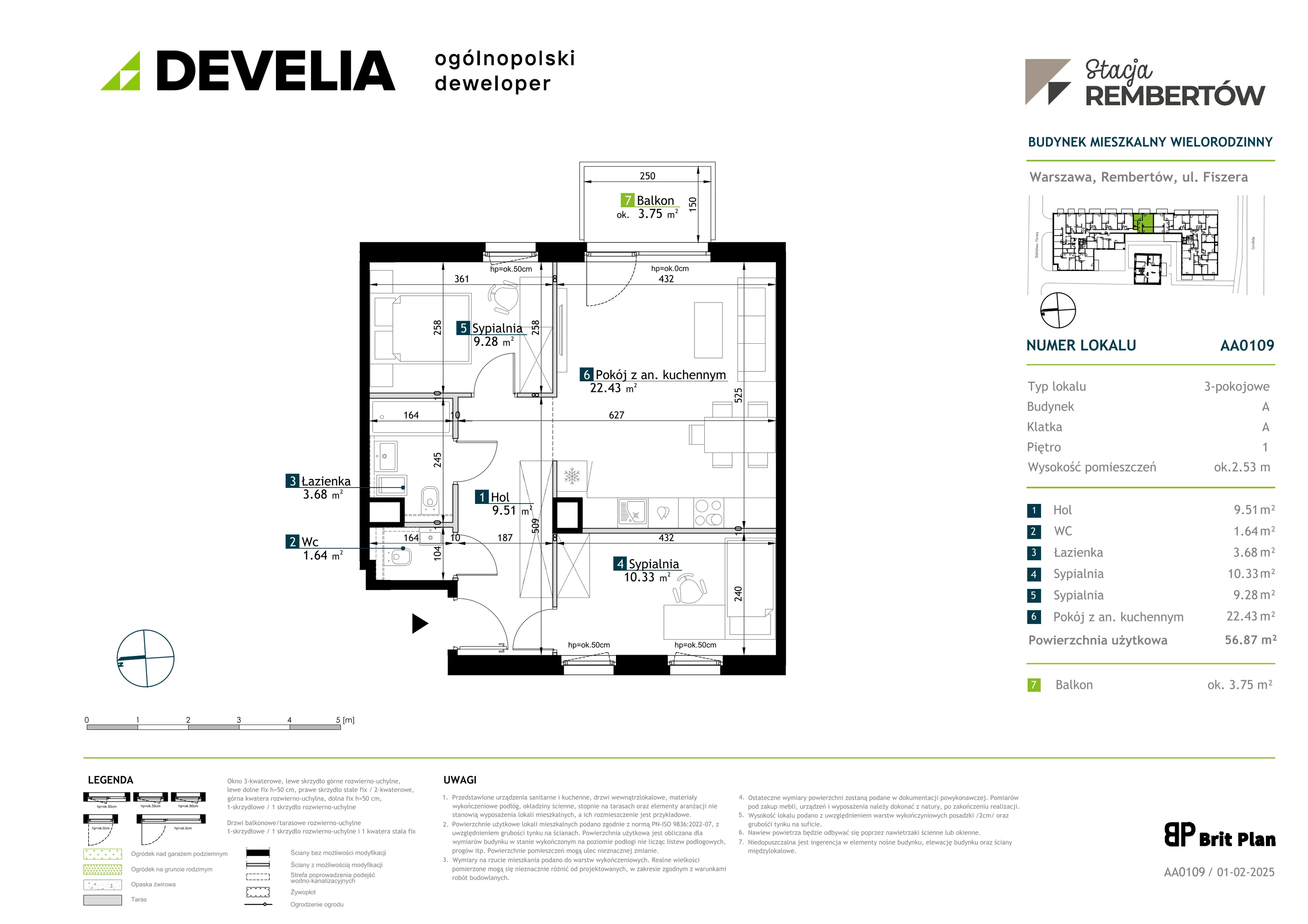 3 pokoje, mieszkanie 56,87 m², piętro 1, oferta nr AA0109, Stacja Rembertów, Warszawa, Rembertów, ul. Fiszera 36