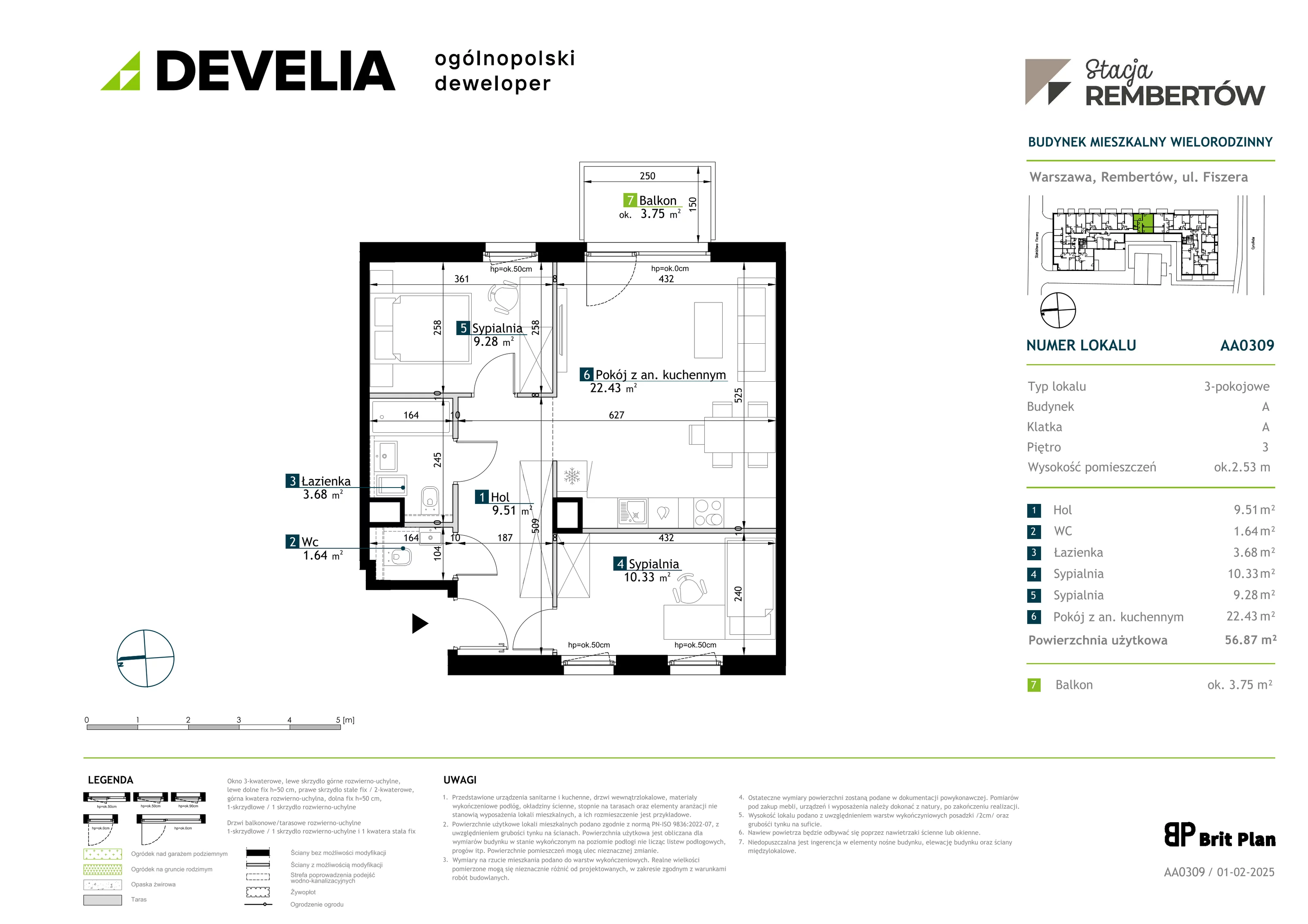 3 pokoje, mieszkanie 56,87 m², piętro 3, oferta nr AA0309, Stacja Rembertów, Warszawa, Rembertów, ul. Fiszera 36