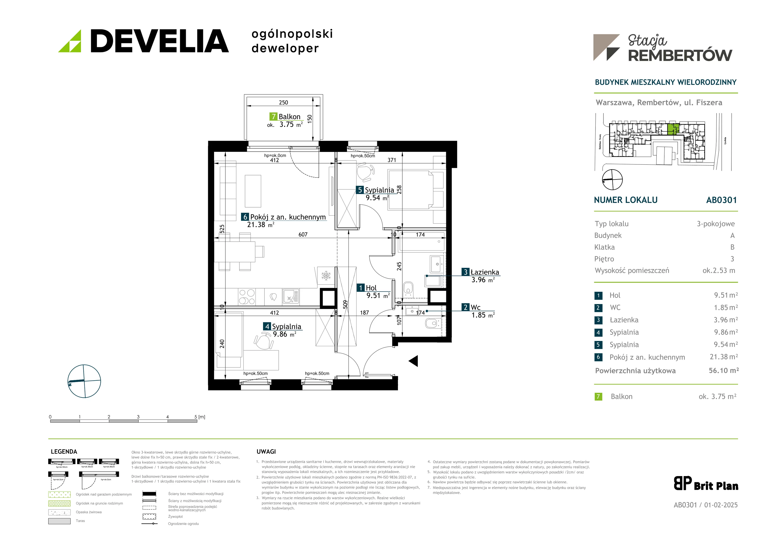3 pokoje, mieszkanie 56,10 m², piętro 3, oferta nr AB0301, Stacja Rembertów, Warszawa, Rembertów, ul. Fiszera 36
