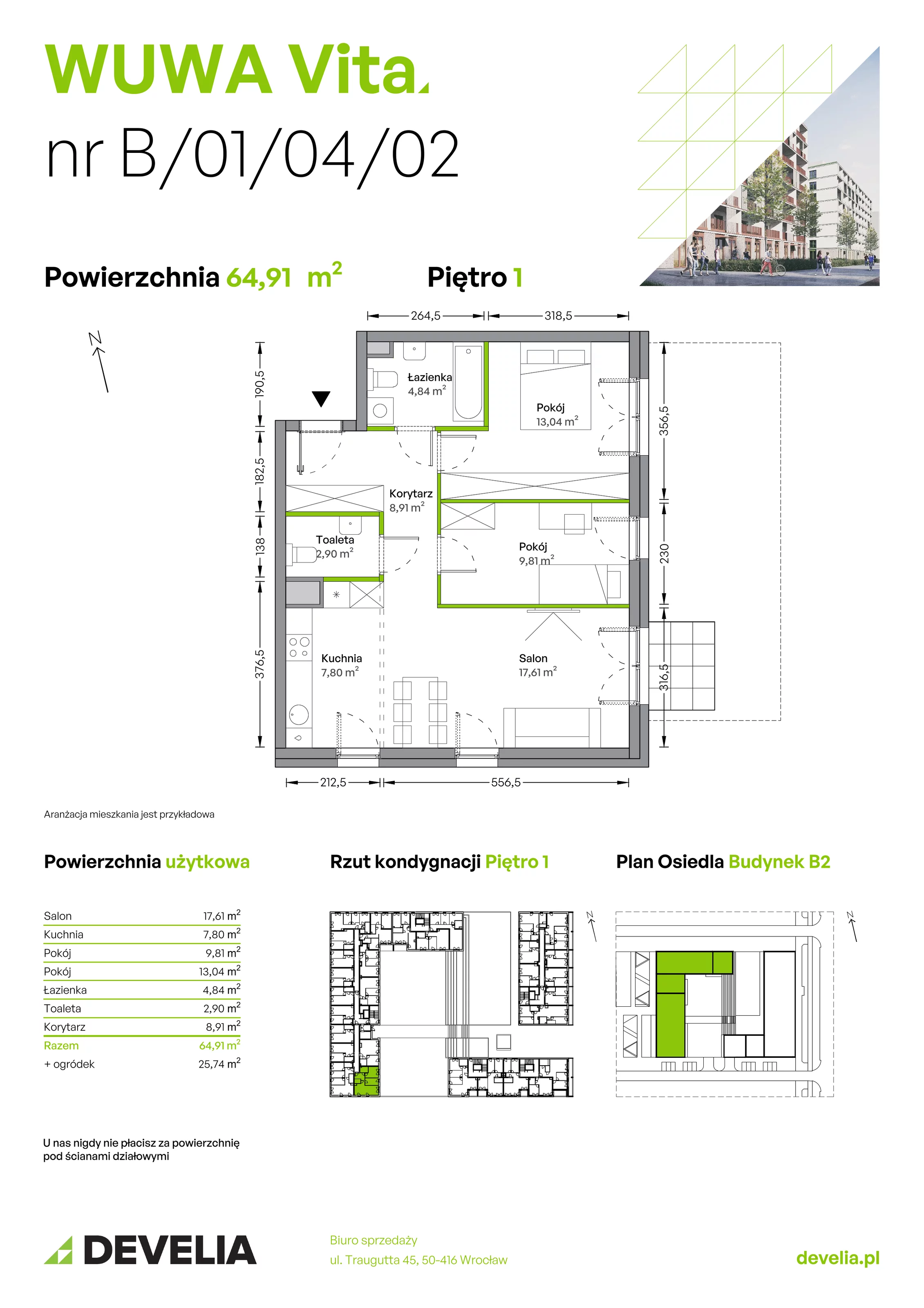 3 pokoje, mieszkanie 64,91 m², piętro 1, oferta nr B.01.04.02, WUWA Vita, Wrocław, Żerniki, Fabryczna, ul. Tadeusza Brzozy