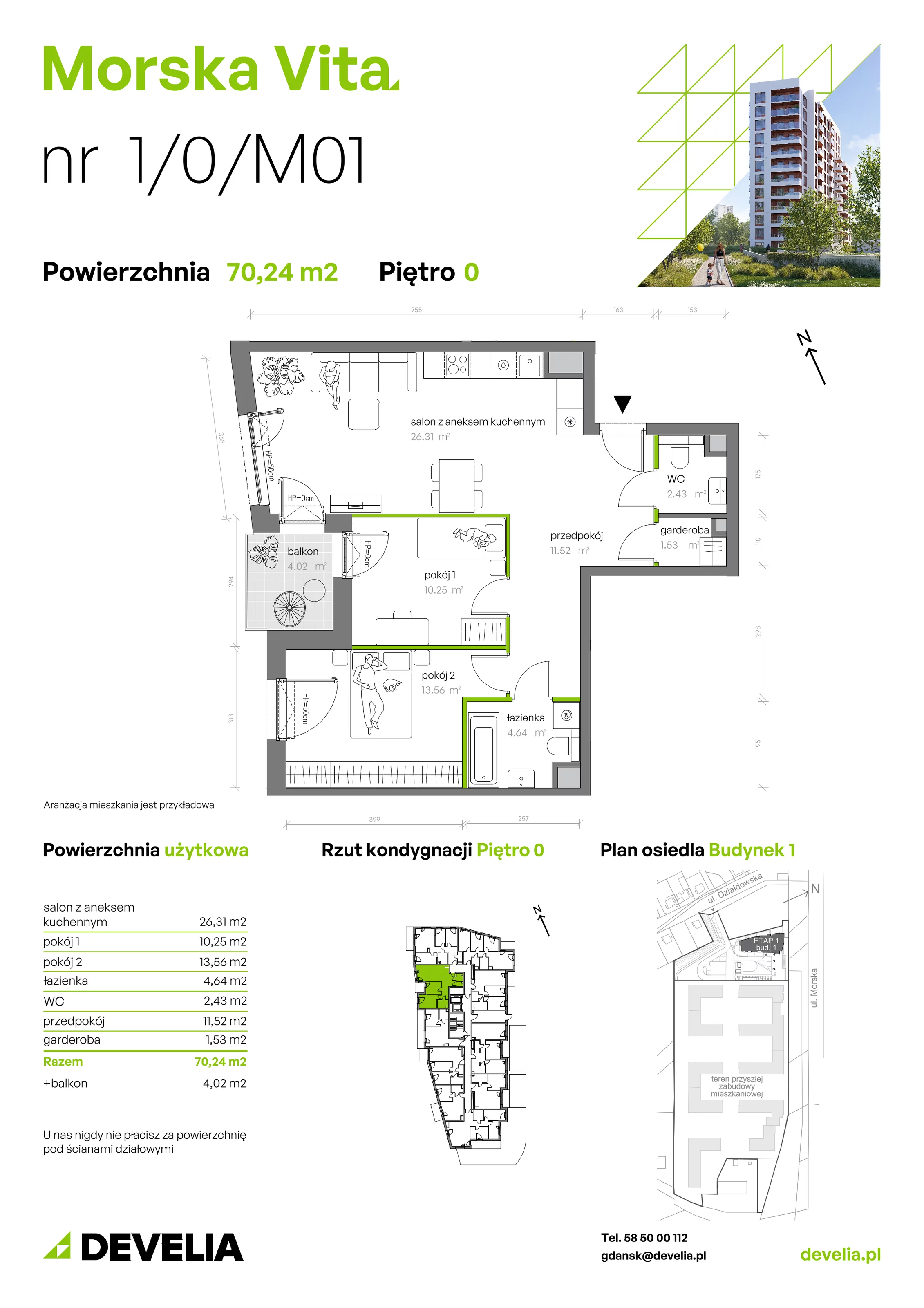 3 pokoje, mieszkanie 70,24 m², parter, oferta nr 1.0.M01, Morska Vita, Gdynia, Leszczynki, Leszczynki, ul. Działdowska 3A