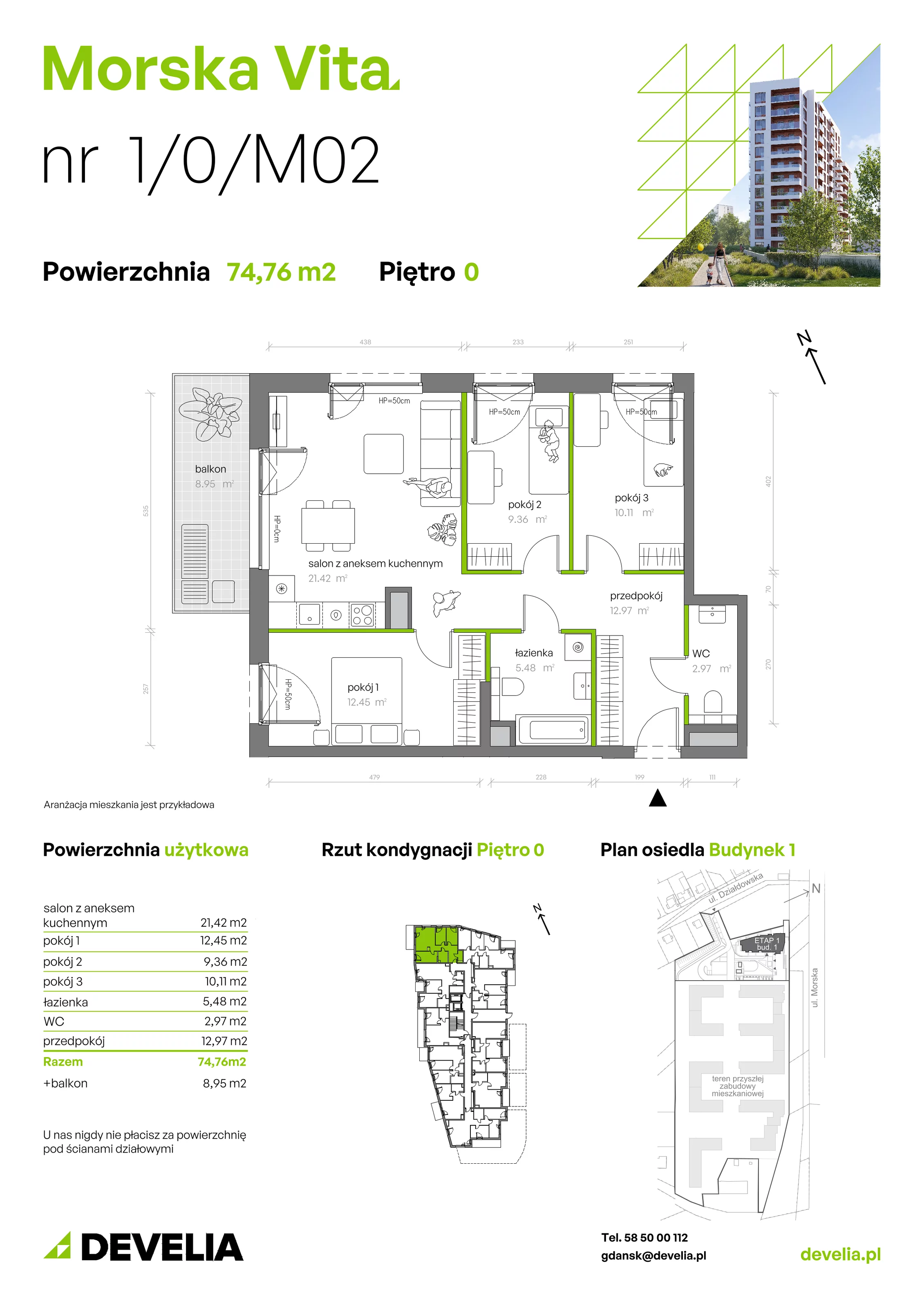 4 pokoje, mieszkanie 74,76 m², parter, oferta nr 1.0.M02, Morska Vita, Gdynia, Leszczynki, Leszczynki, ul. Działdowska 3A