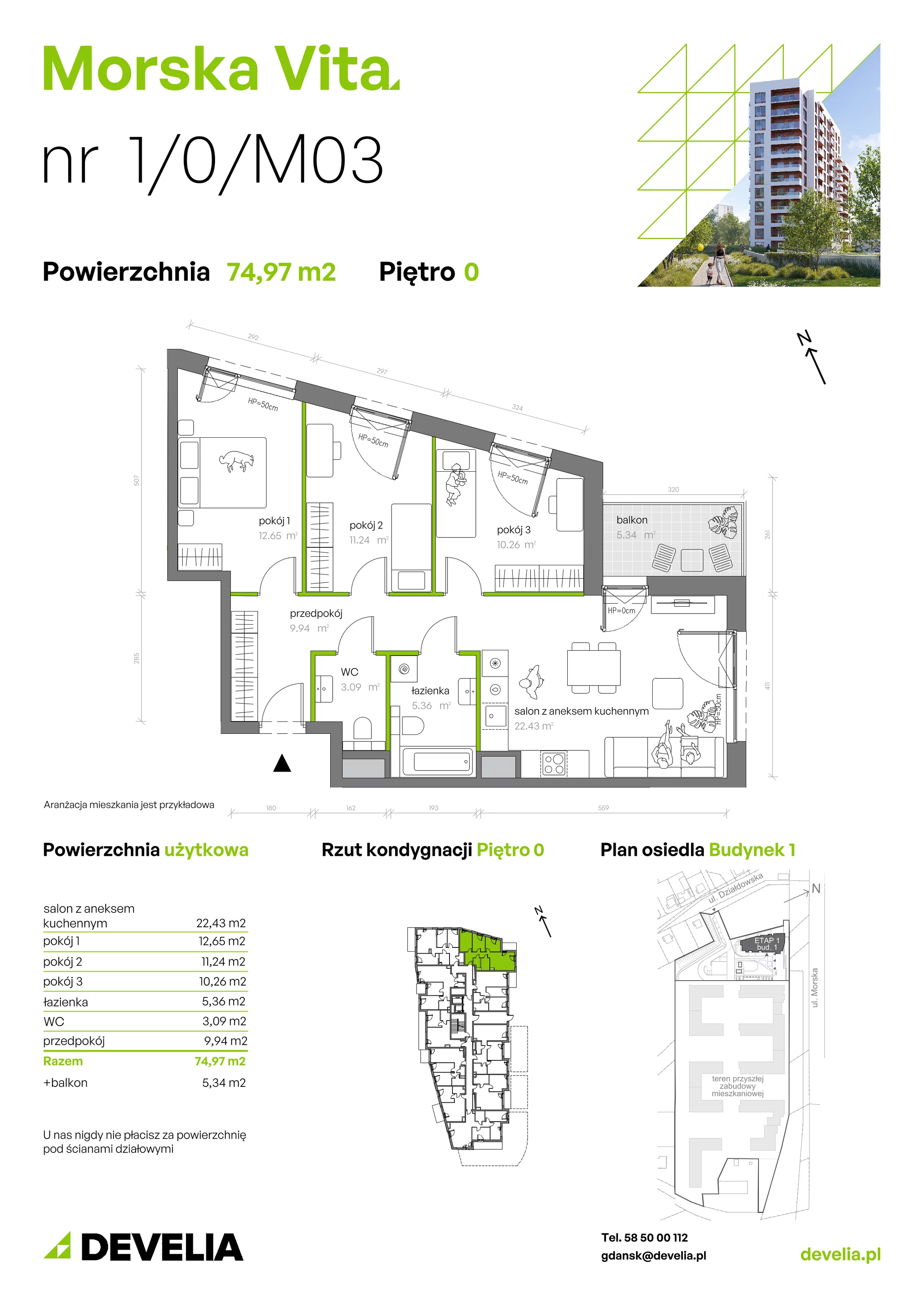 4 pokoje, mieszkanie 74,97 m², parter, oferta nr 1.0.M03, Morska Vita, Gdynia, Leszczynki, Leszczynki, ul. Działdowska 3A