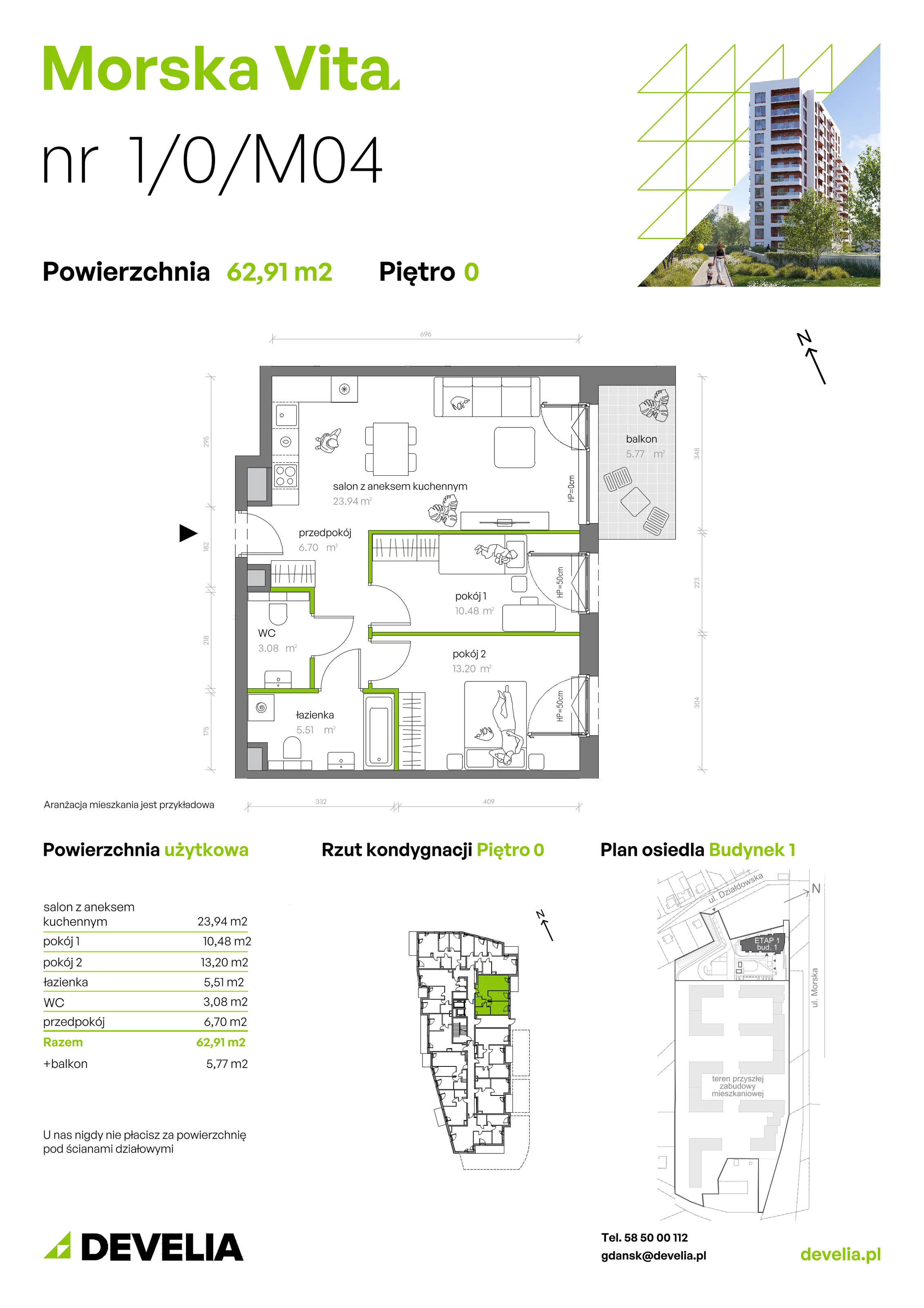 3 pokoje, mieszkanie 62,91 m², parter, oferta nr 1.0.M04, Morska Vita, Gdynia, Leszczynki, Leszczynki, ul. Działdowska 3A