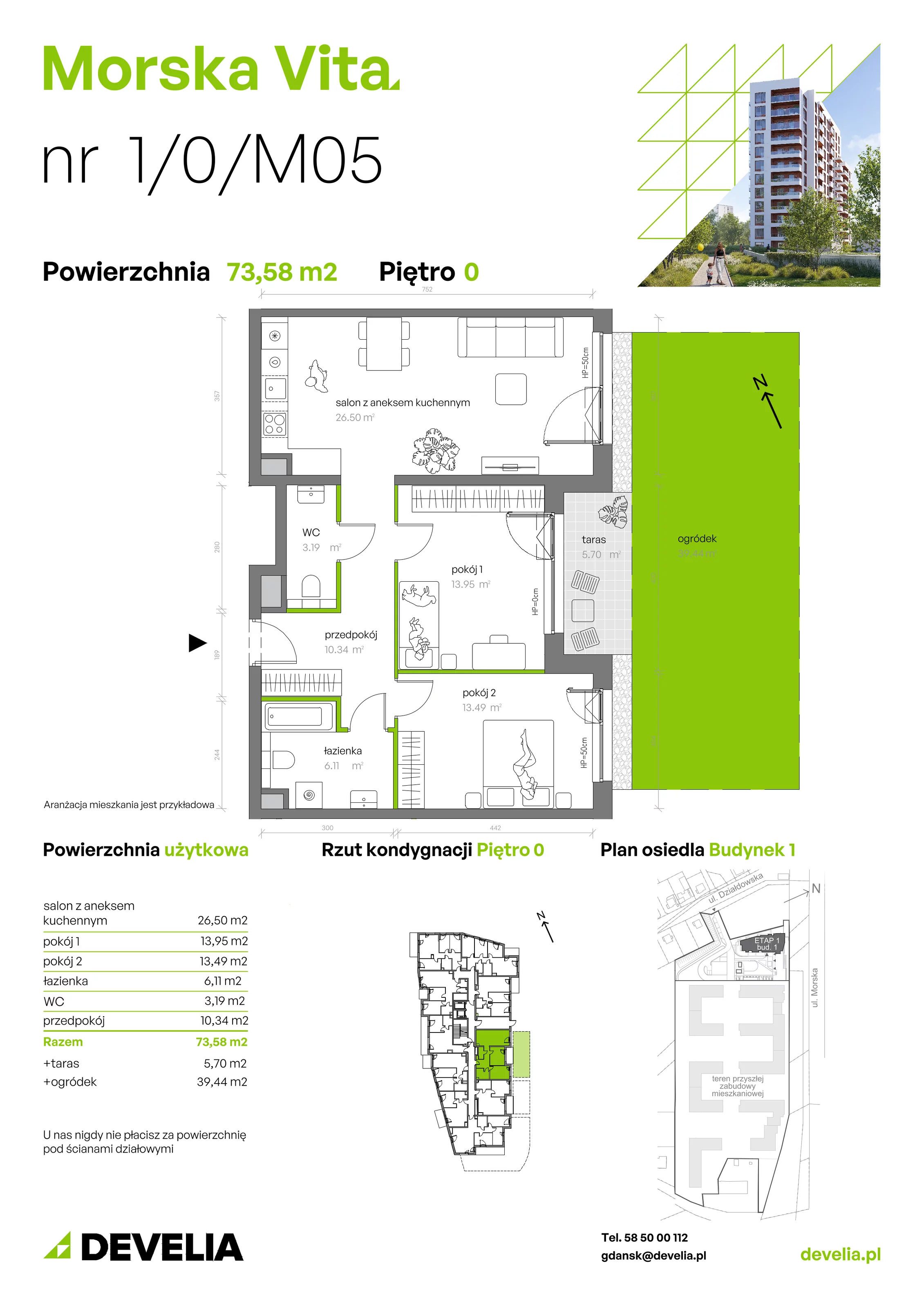 3 pokoje, mieszkanie 73,58 m², parter, oferta nr 1.0.M05, Morska Vita, Gdynia, Leszczynki, Leszczynki, ul. Działdowska 3A