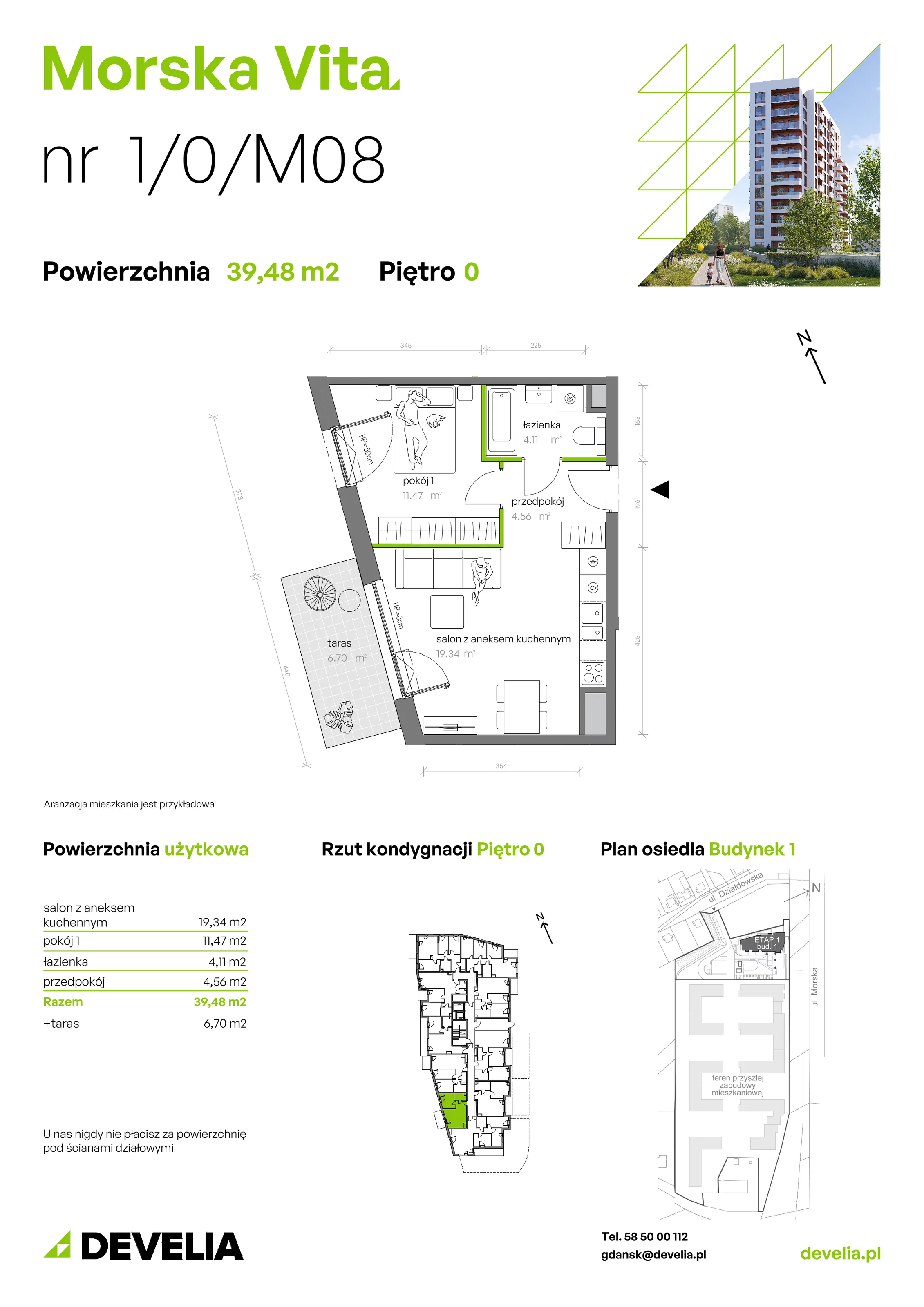 2 pokoje, mieszkanie 39,48 m², parter, oferta nr 1.0.M08, Morska Vita, Gdynia, Leszczynki, Leszczynki, ul. Działdowska 3A