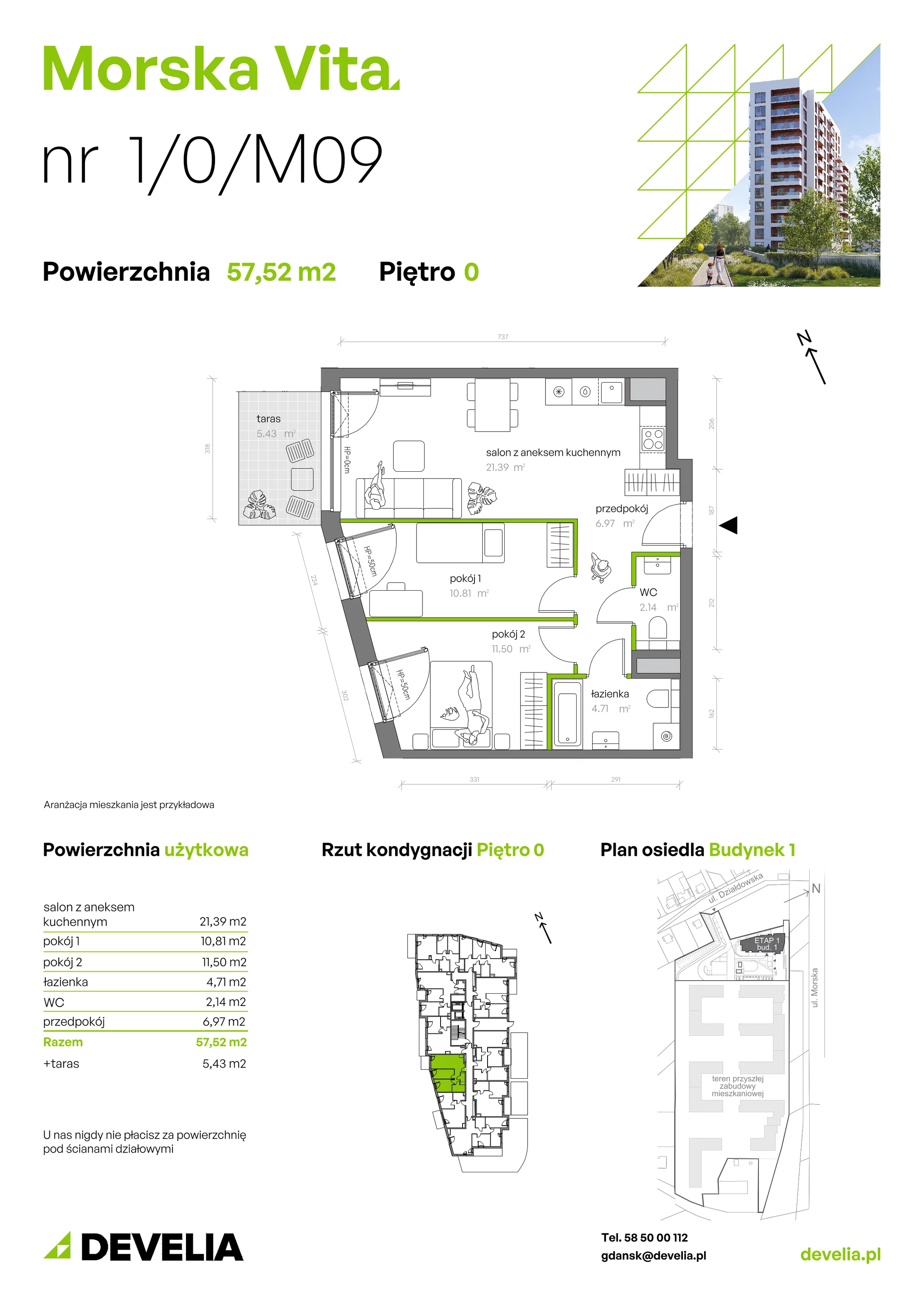 3 pokoje, mieszkanie 57,52 m², parter, oferta nr 1.0.M09, Morska Vita, Gdynia, Leszczynki, Leszczynki, ul. Działdowska 3A