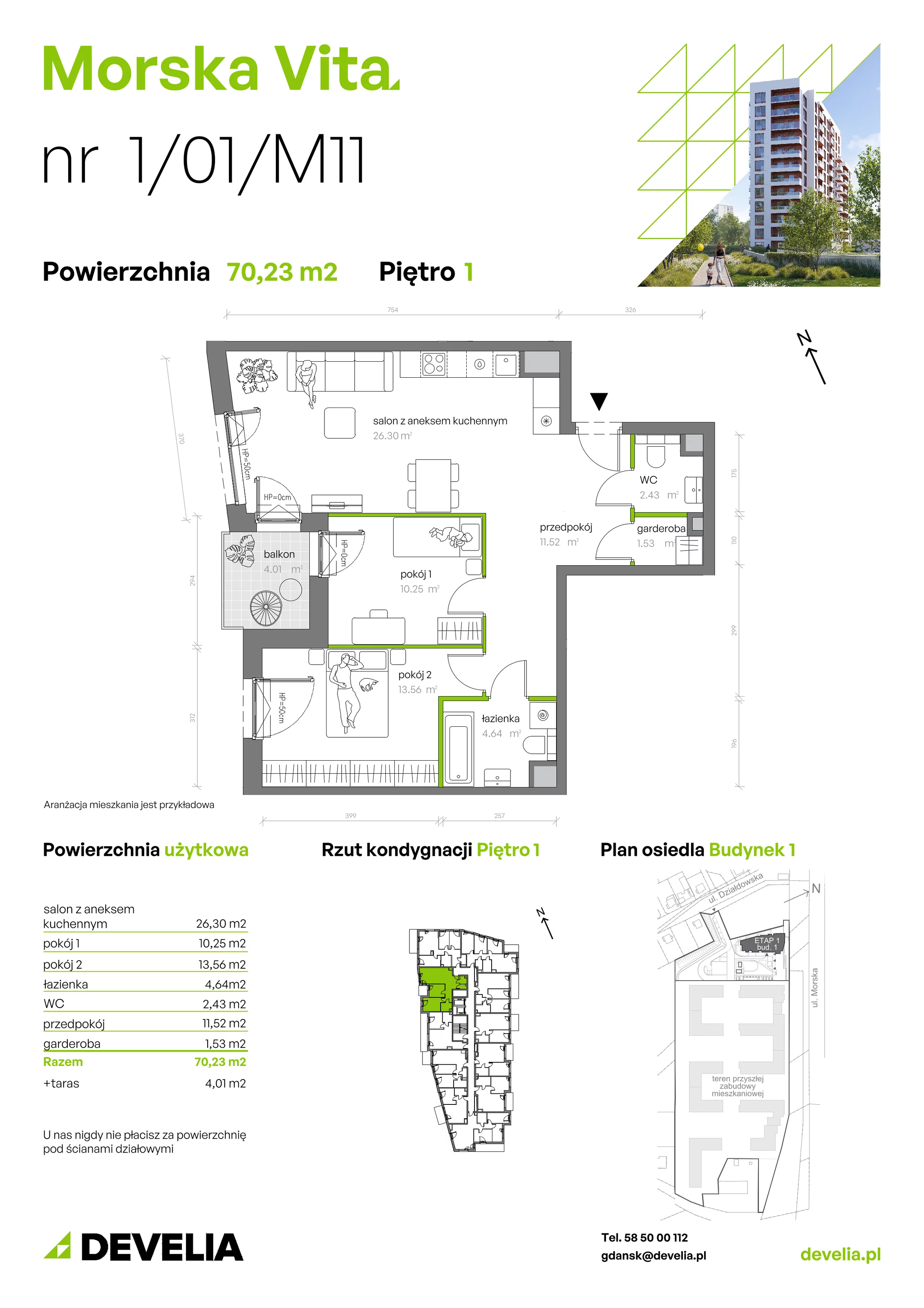 3 pokoje, mieszkanie 70,23 m², piętro 1, oferta nr 1.01.M11, Morska Vita, Gdynia, Leszczynki, Leszczynki, ul. Działdowska 3A