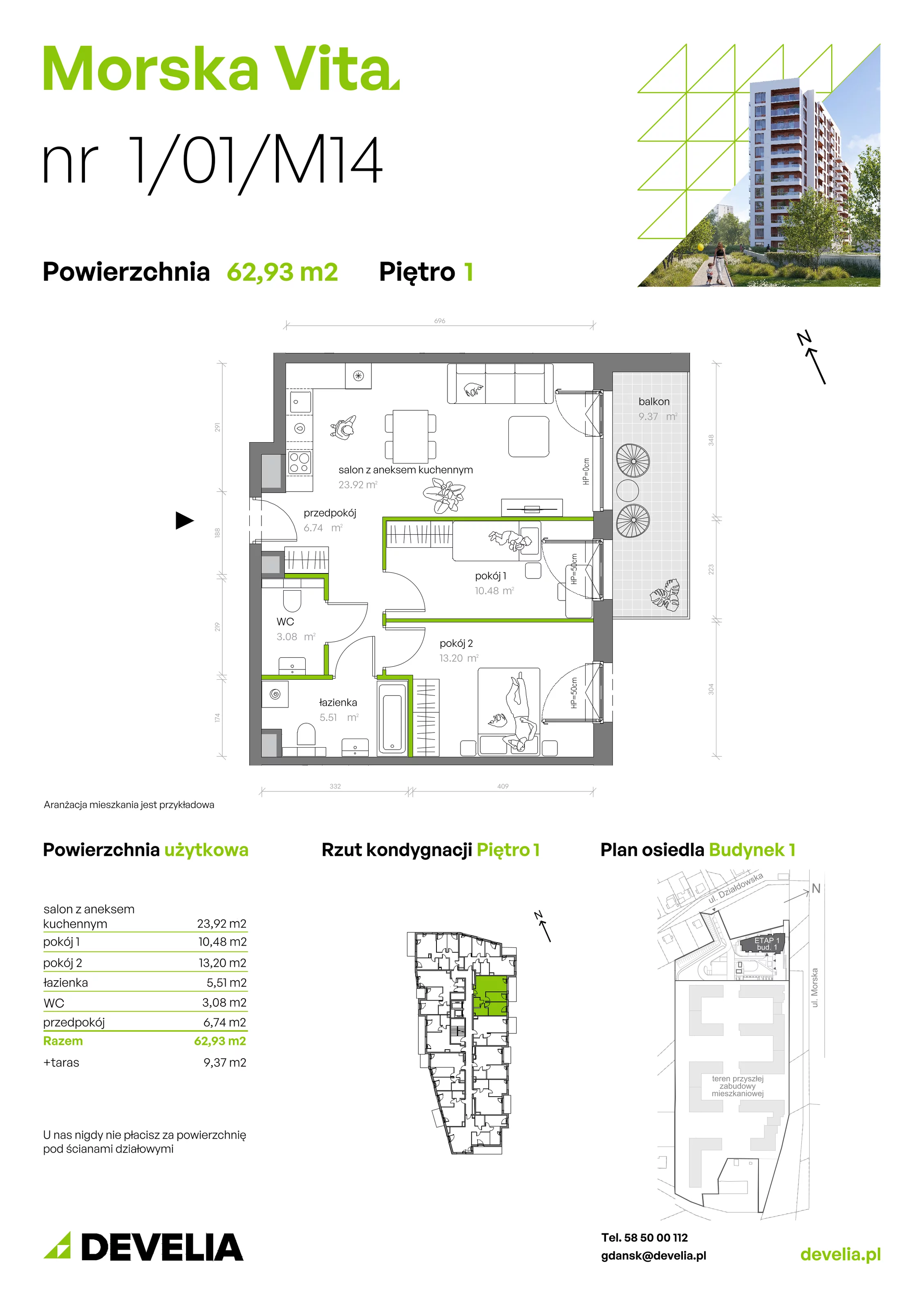 3 pokoje, mieszkanie 62,93 m², piętro 1, oferta nr 1.01.M14, Morska Vita, Gdynia, Leszczynki, Leszczynki, ul. Działdowska 3A