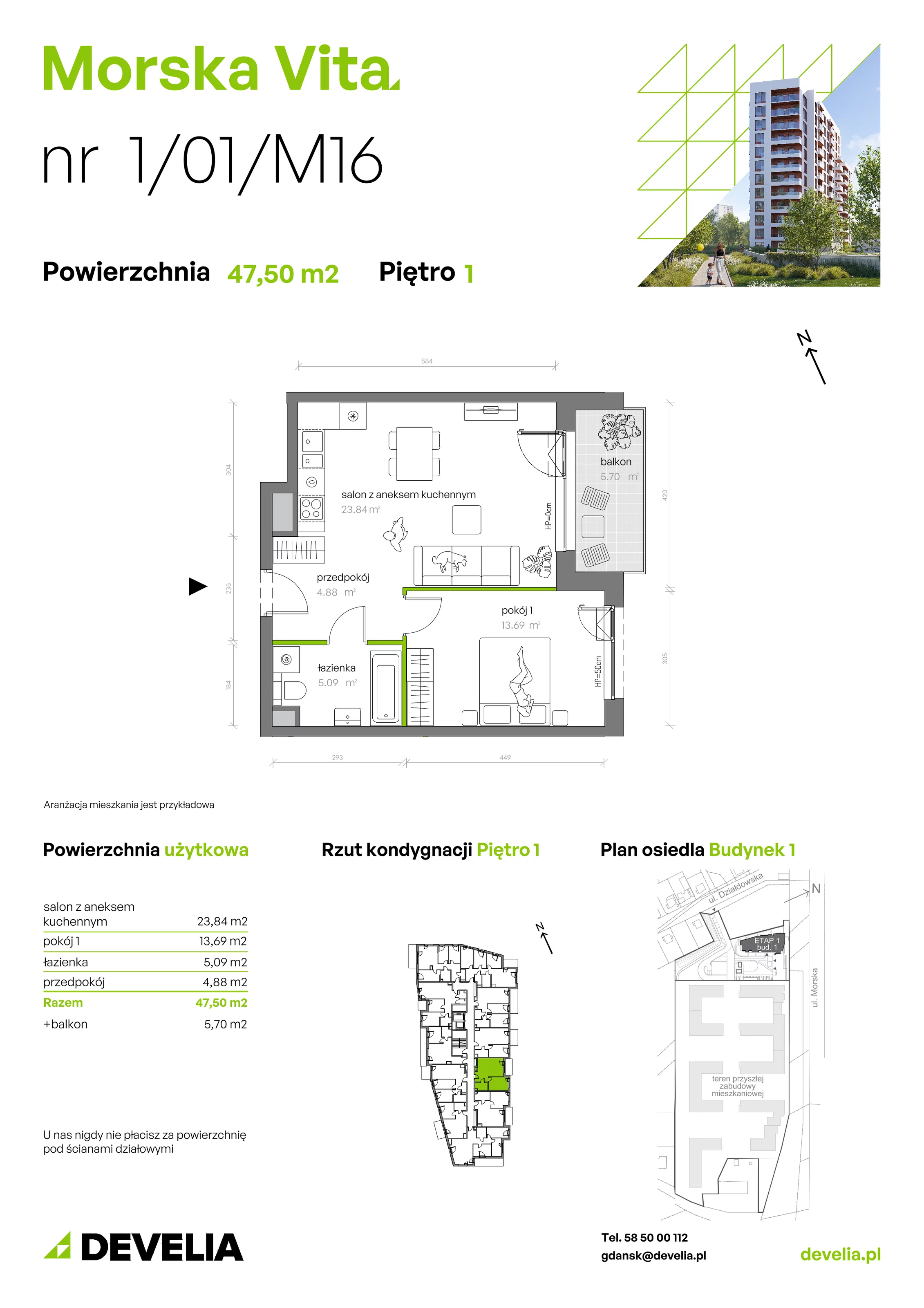 2 pokoje, mieszkanie 47,50 m², piętro 1, oferta nr 1.01.M16, Morska Vita, Gdynia, Leszczynki, Leszczynki, ul. Działdowska 3A