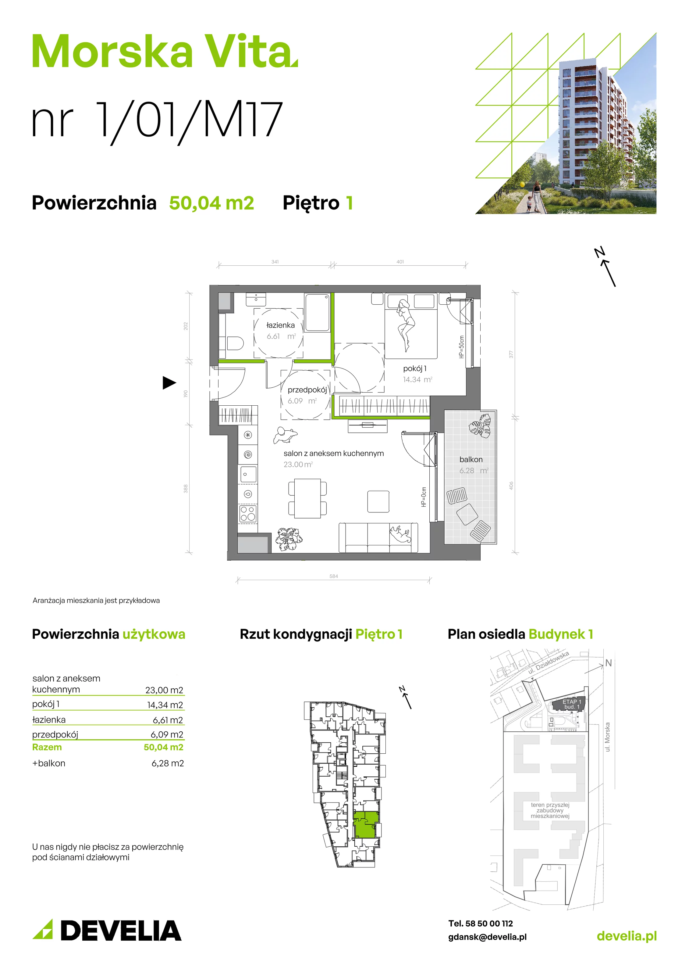 2 pokoje, mieszkanie 50,04 m², piętro 1, oferta nr 1.01.M17, Morska Vita, Gdynia, Leszczynki, Leszczynki, ul. Działdowska 3A