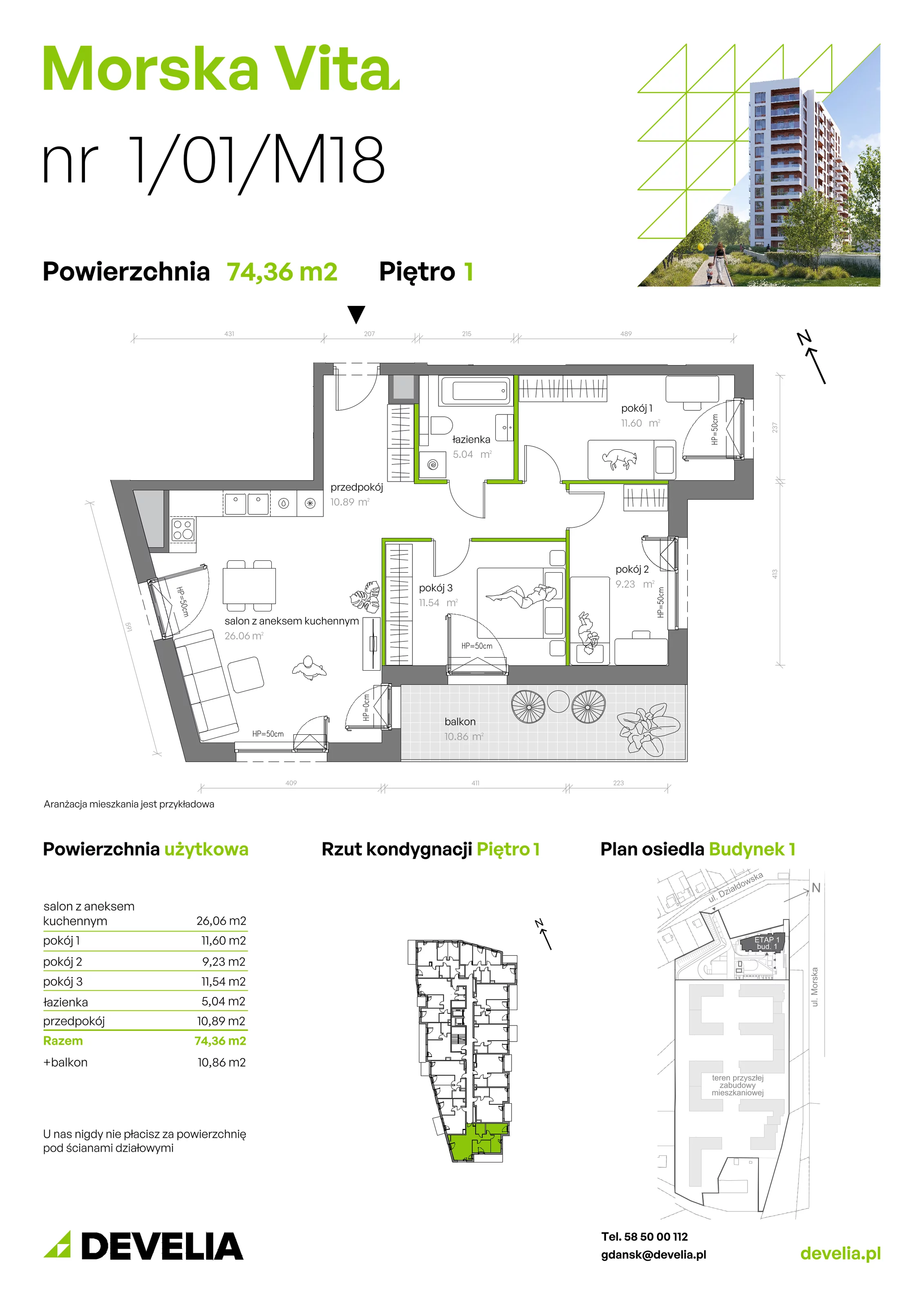 4 pokoje, mieszkanie 74,36 m², piętro 1, oferta nr 1.01.M18, Morska Vita, Gdynia, Leszczynki, Leszczynki, ul. Działdowska 3A