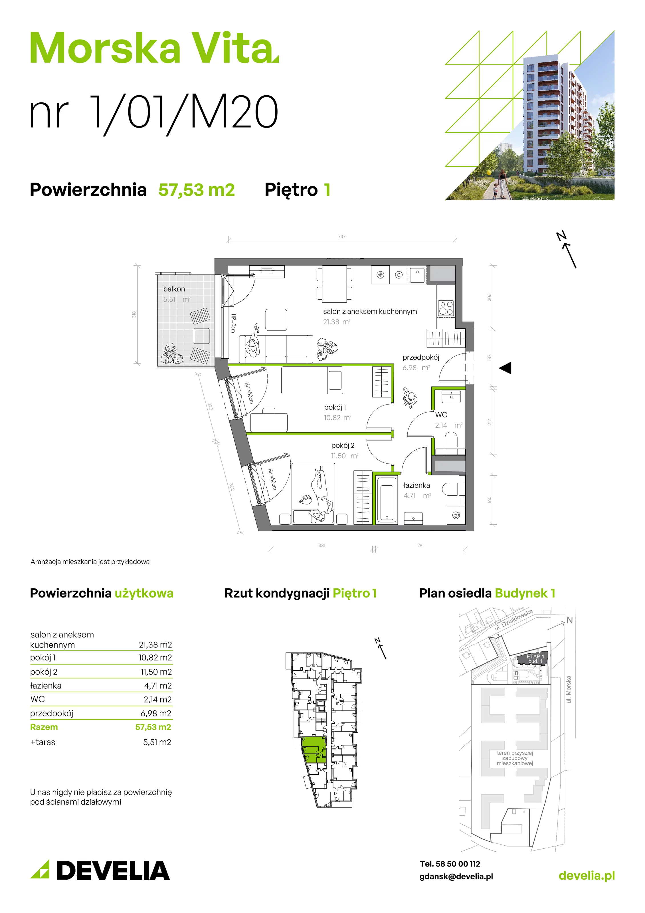 3 pokoje, mieszkanie 57,53 m², piętro 1, oferta nr 1.01.M20, Morska Vita, Gdynia, Leszczynki, Leszczynki, ul. Działdowska 3A