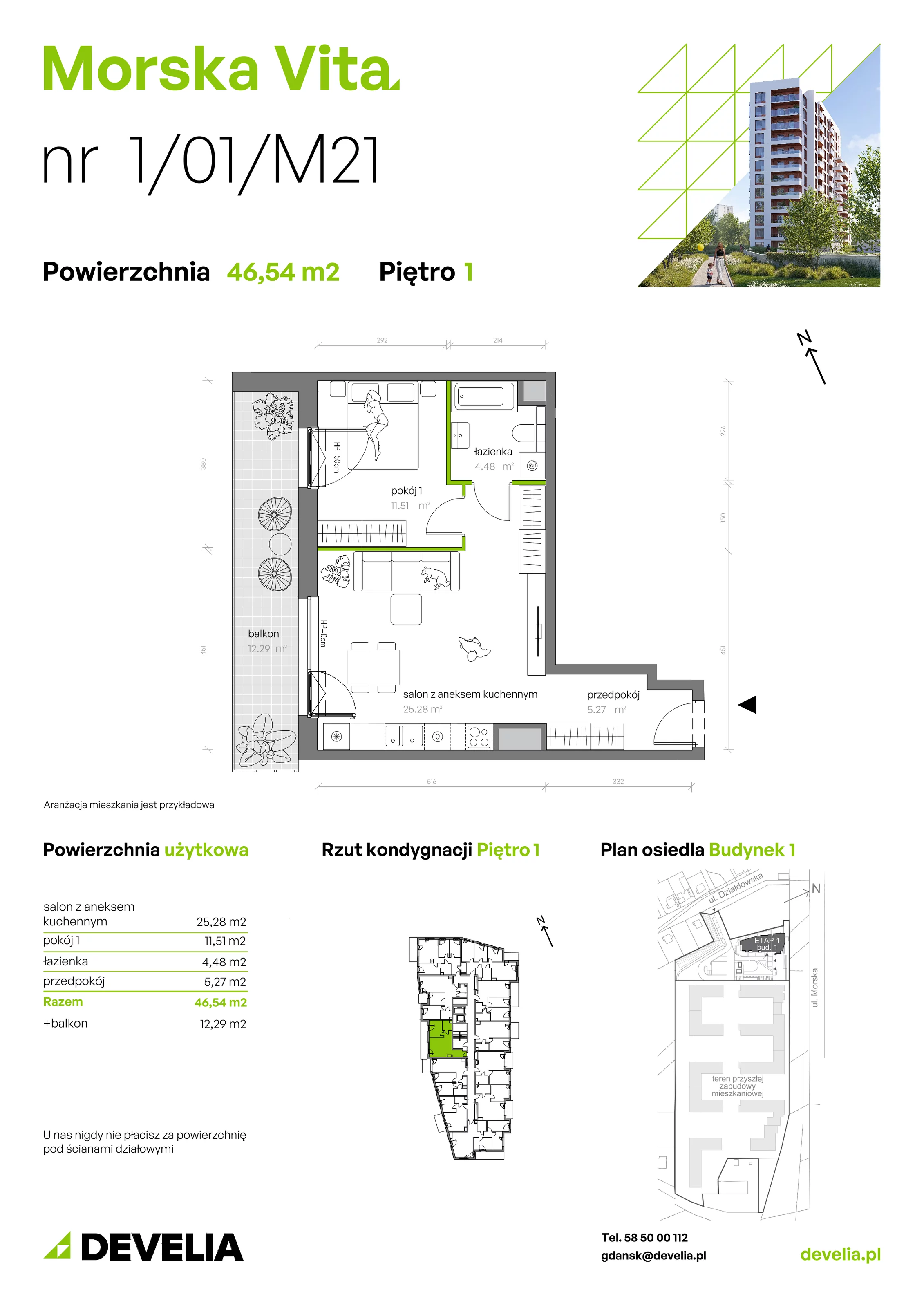 2 pokoje, mieszkanie 46,54 m², piętro 1, oferta nr 1.01.M21, Morska Vita, Gdynia, Leszczynki, Leszczynki, ul. Działdowska 3A