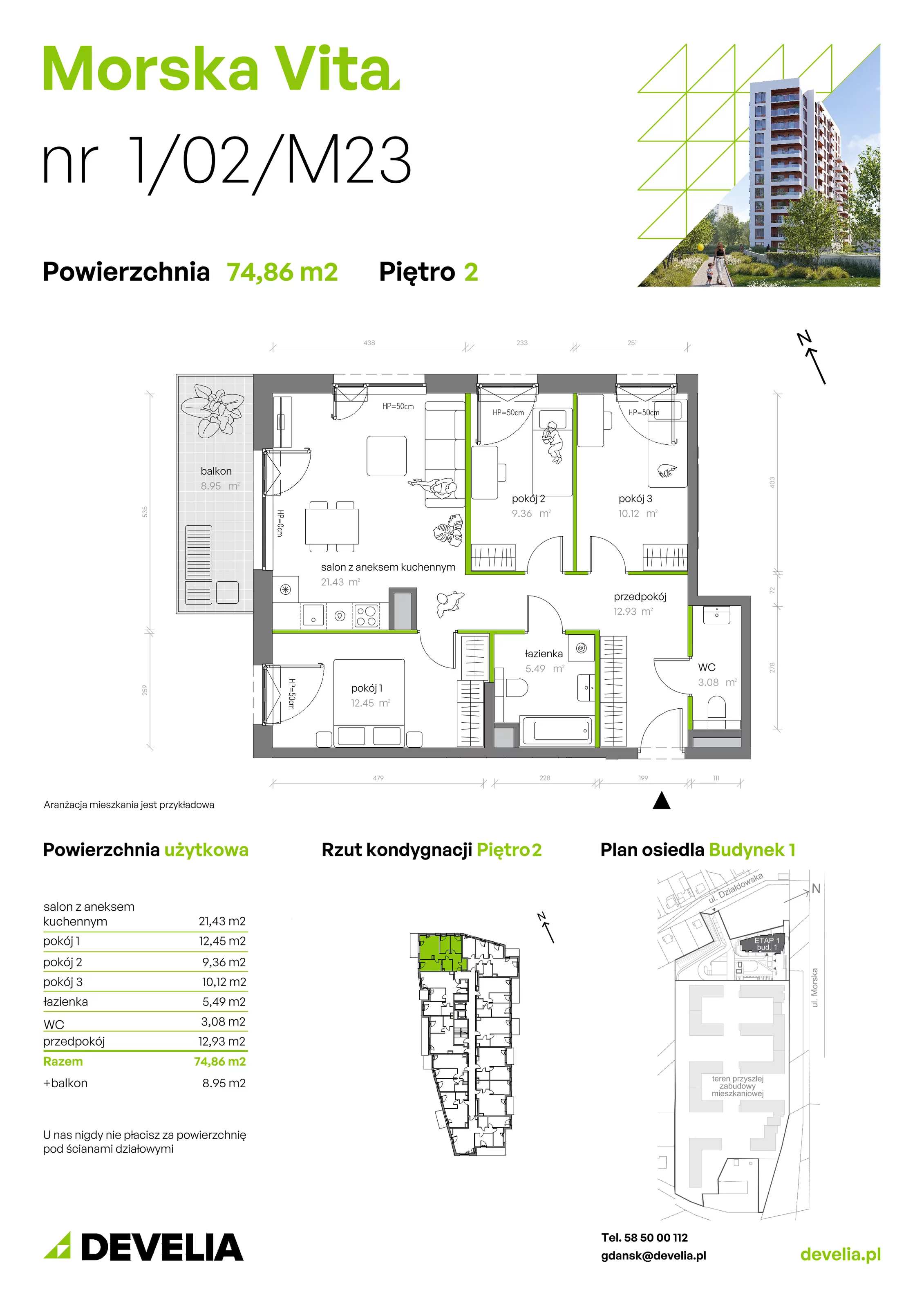 4 pokoje, mieszkanie 74,86 m², piętro 2, oferta nr 1.02.M23, Morska Vita, Gdynia, Leszczynki, Leszczynki, ul. Działdowska 3A