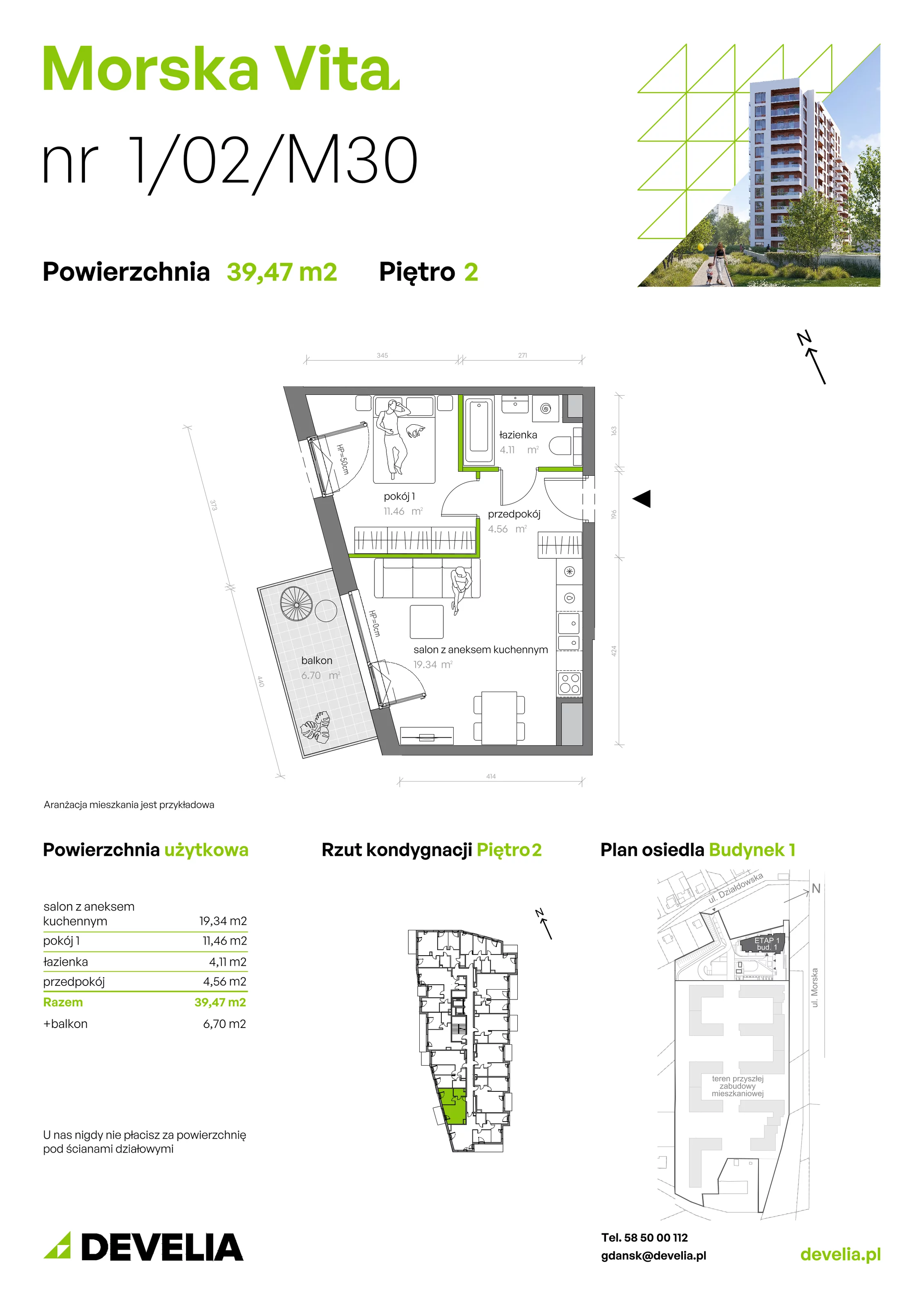 2 pokoje, mieszkanie 39,47 m², piętro 2, oferta nr 1.02.M30, Morska Vita, Gdynia, Leszczynki, Leszczynki, ul. Działdowska 3A