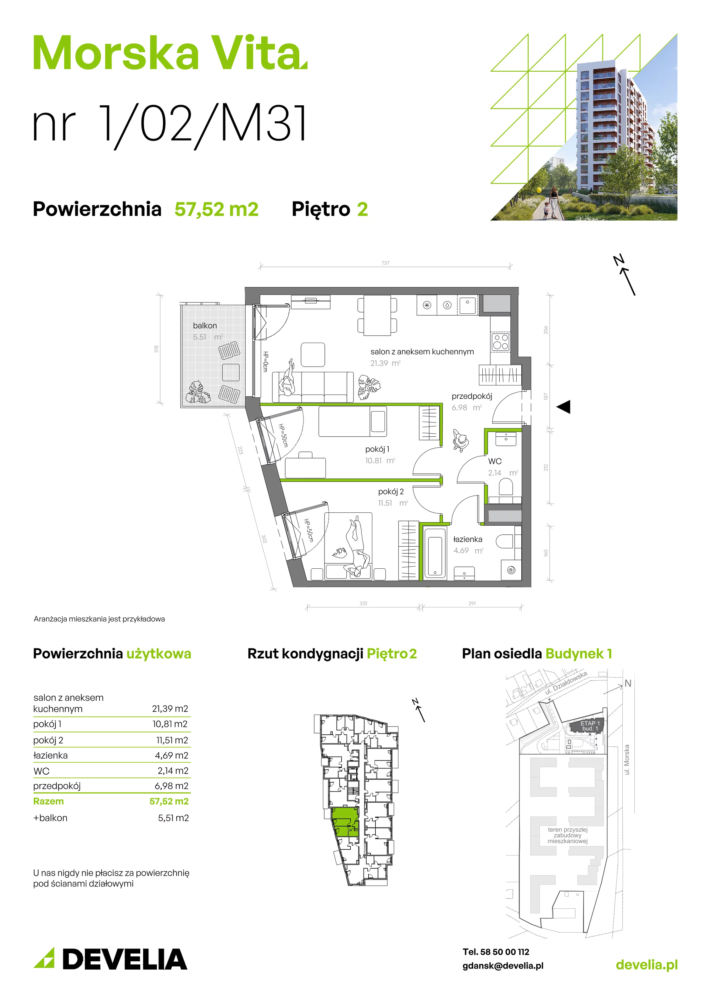 3 pokoje, mieszkanie 57,52 m², piętro 2, oferta nr 1.02.M31, Morska Vita, Gdynia, Leszczynki, Leszczynki, ul. Działdowska 3A