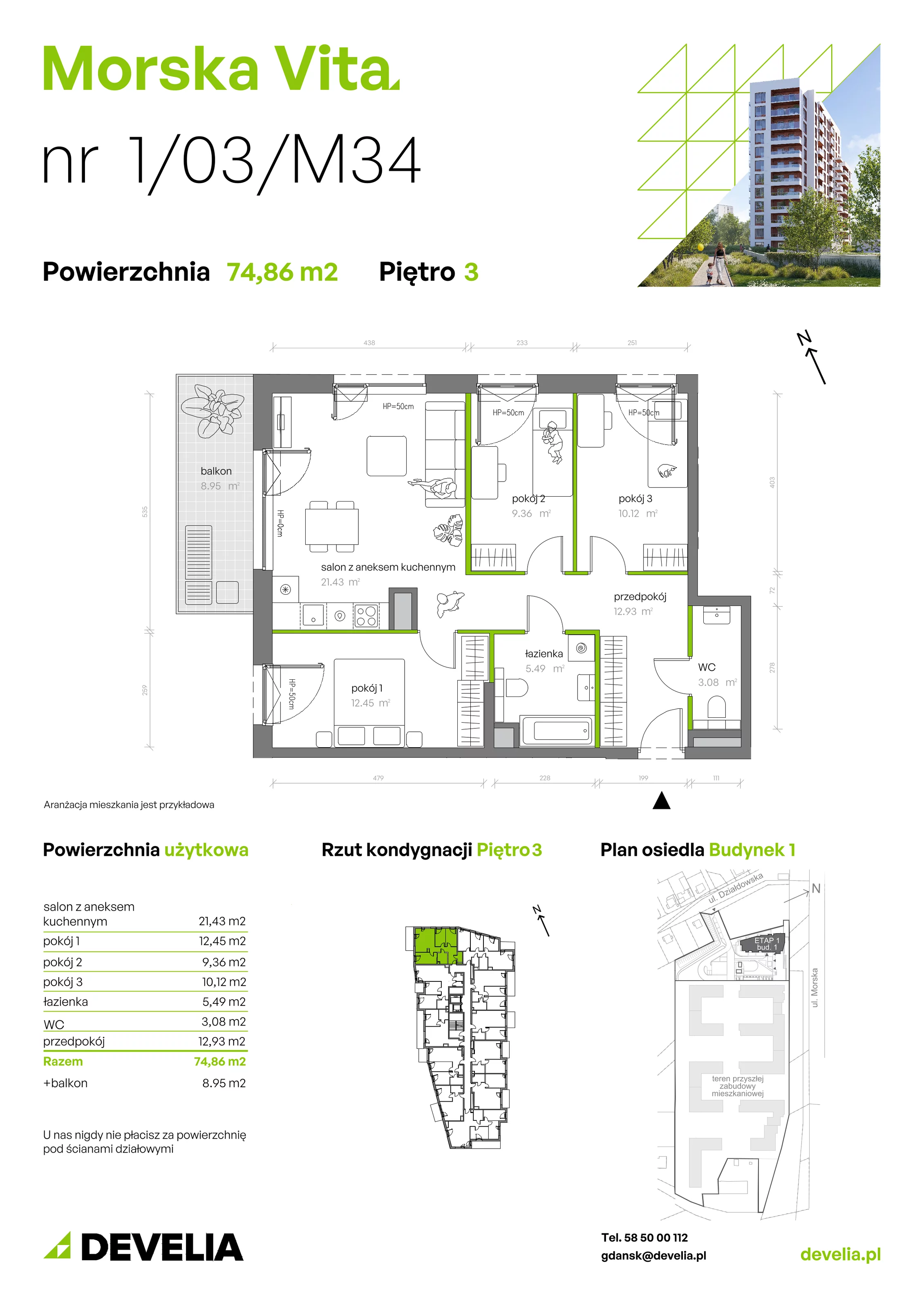 4 pokoje, mieszkanie 74,86 m², piętro 3, oferta nr 1.03.M34, Morska Vita, Gdynia, Leszczynki, Leszczynki, ul. Działdowska 3A