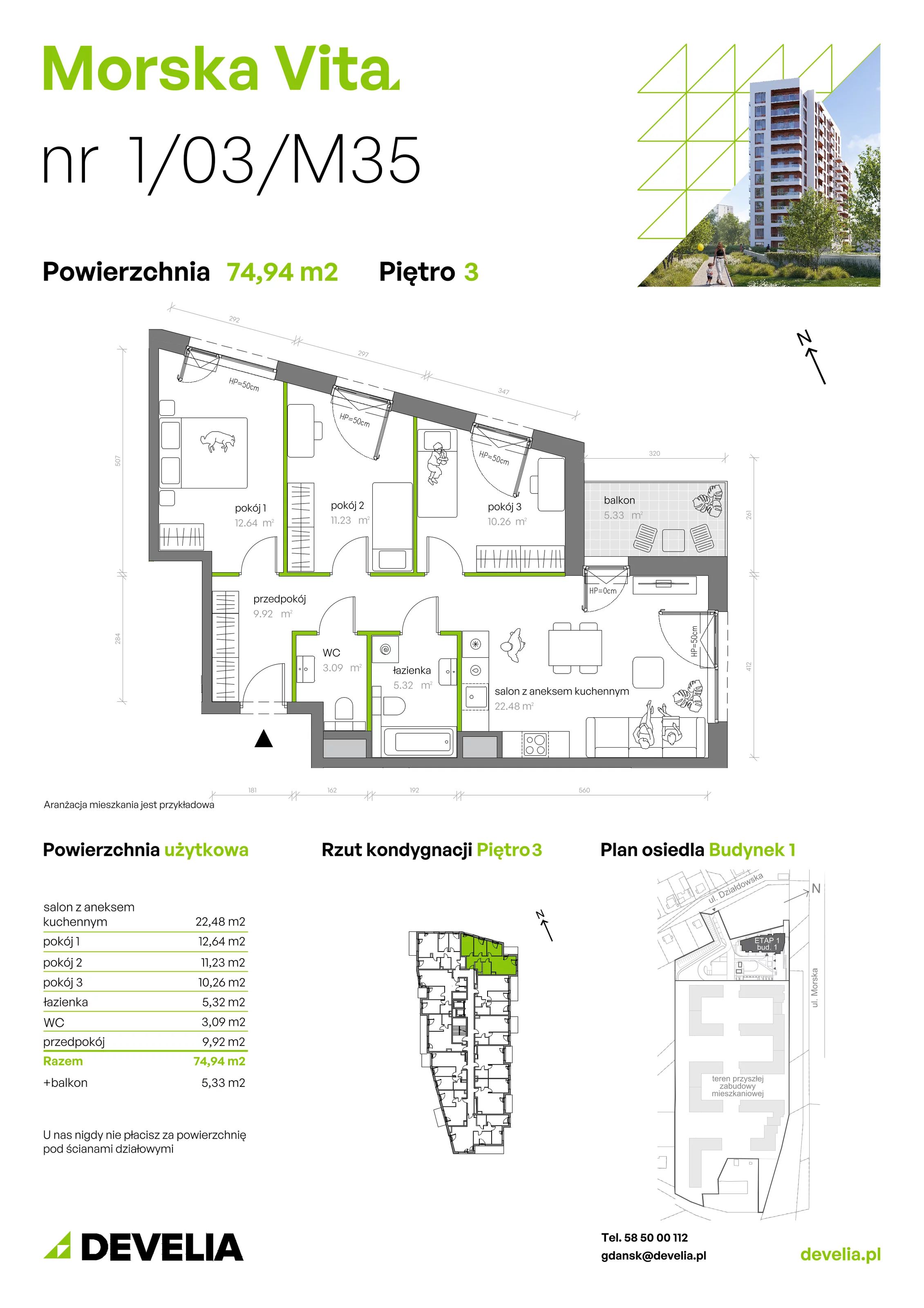 4 pokoje, mieszkanie 74,94 m², piętro 3, oferta nr 1.03.M35, Morska Vita, Gdynia, Leszczynki, Leszczynki, ul. Działdowska 3A