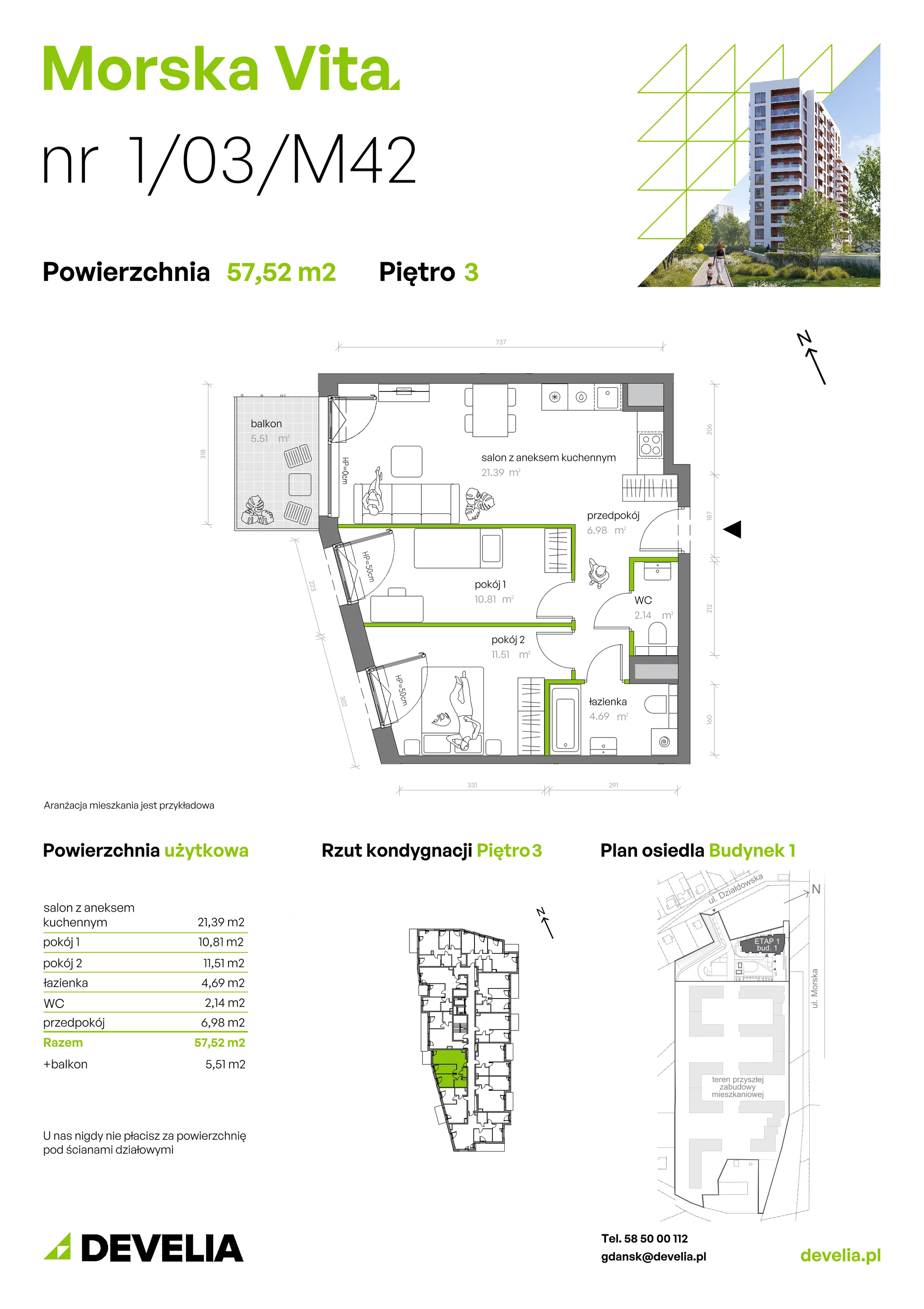 3 pokoje, mieszkanie 57,52 m², piętro 3, oferta nr 1.03.M42, Morska Vita, Gdynia, Leszczynki, Leszczynki, ul. Działdowska 3A