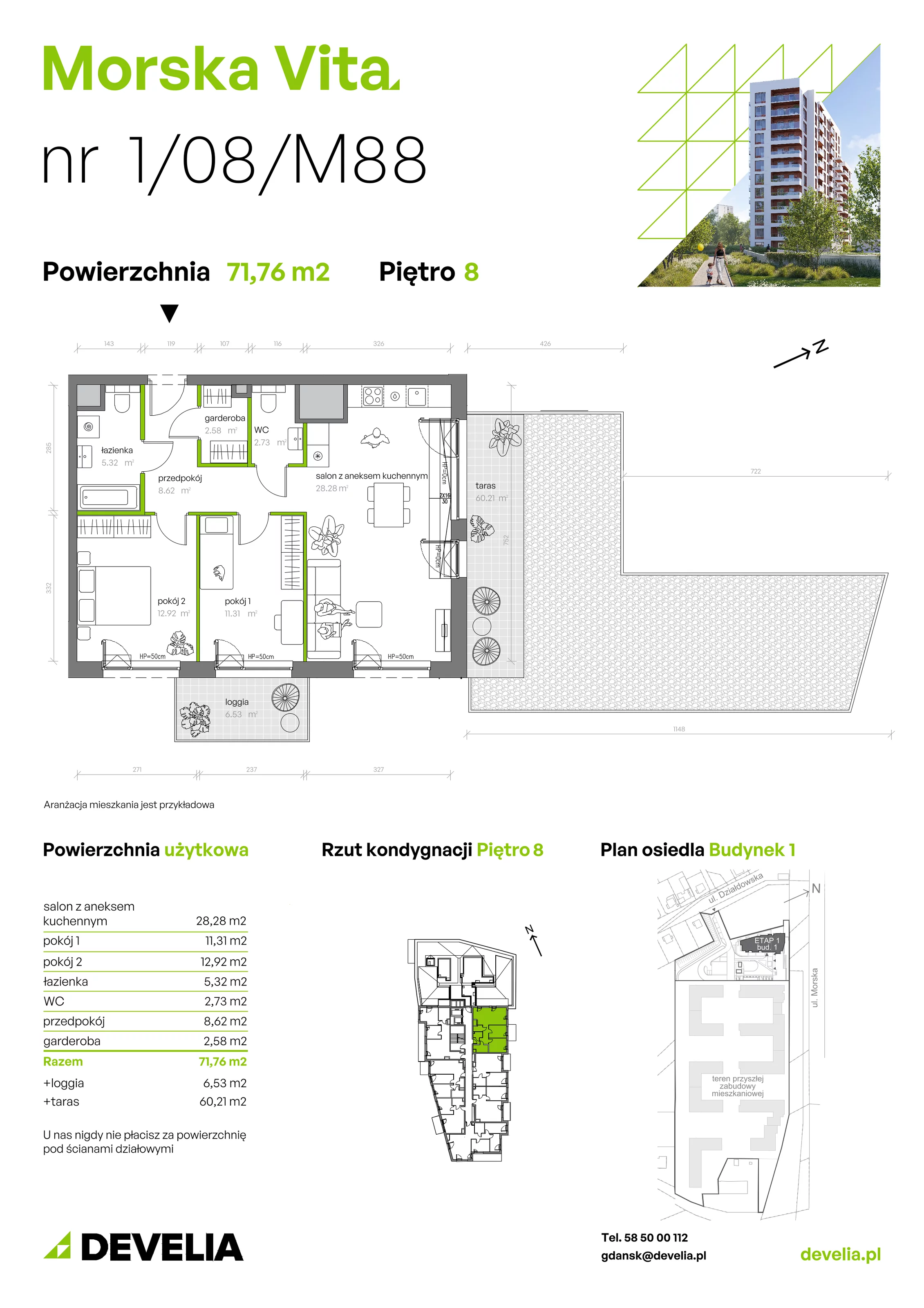 3 pokoje, mieszkanie 71,76 m², piętro 8, oferta nr 1.08.M88, Morska Vita, Gdynia, Leszczynki, Leszczynki, ul. Działdowska 3A