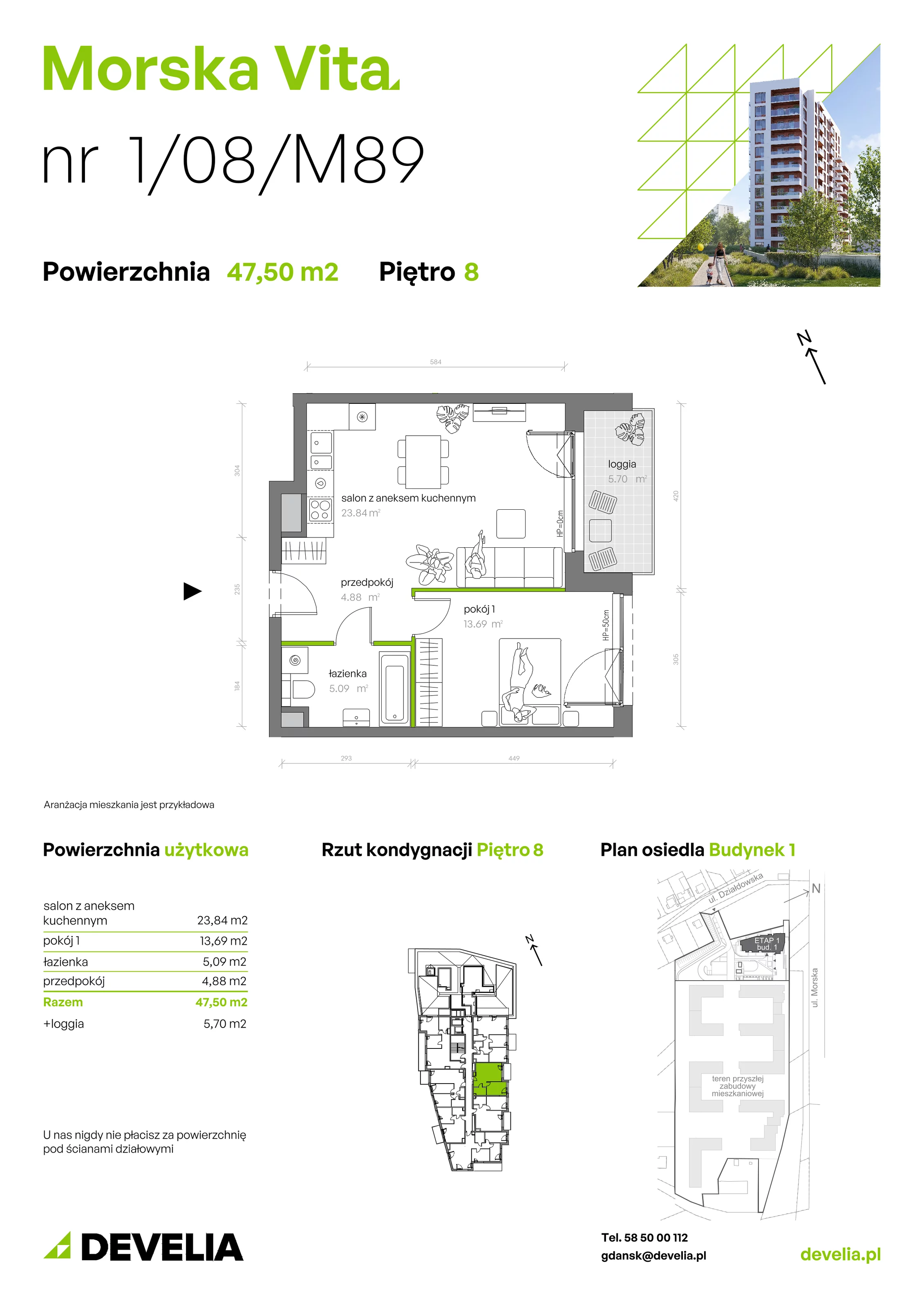 2 pokoje, mieszkanie 47,50 m², piętro 8, oferta nr 1.08.M89, Morska Vita, Gdynia, Leszczynki, Leszczynki, ul. Działdowska 3A