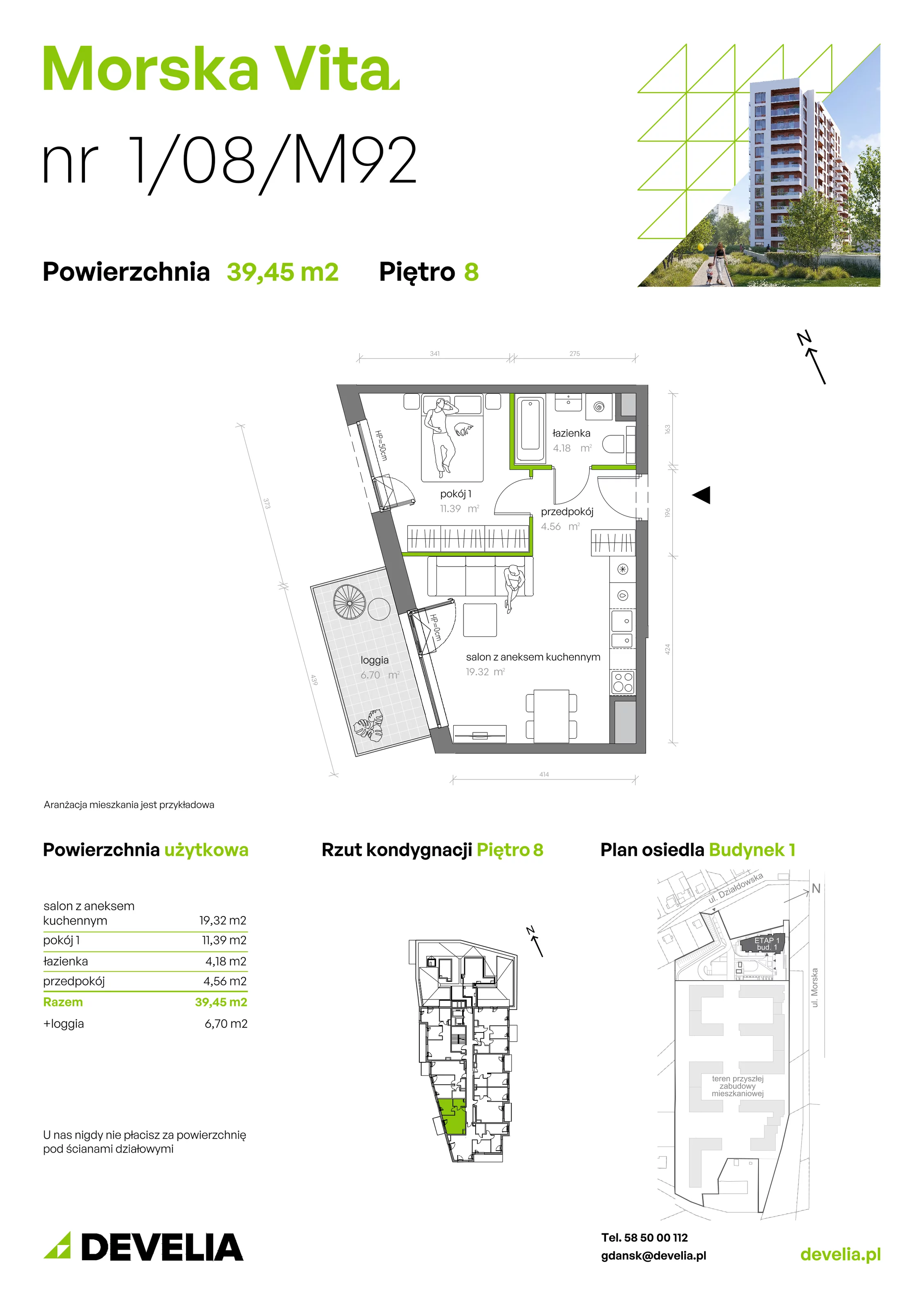 2 pokoje, mieszkanie 39,45 m², piętro 8, oferta nr 1.08.M92, Morska Vita, Gdynia, Leszczynki, Leszczynki, ul. Działdowska 3A