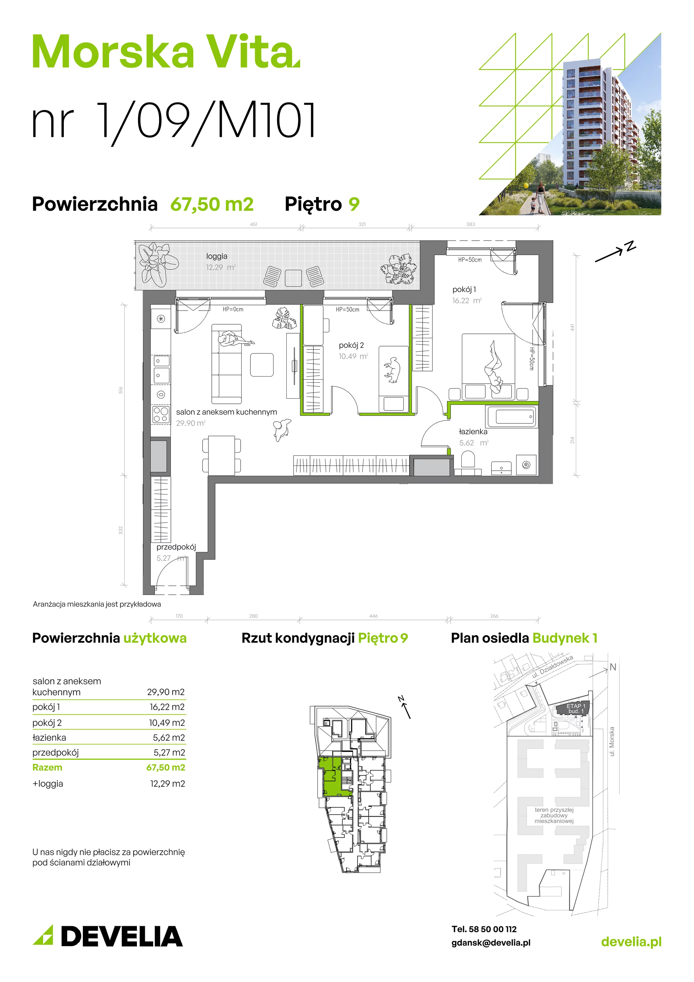 3 pokoje, mieszkanie 67,50 m², piętro 9, oferta nr 1.09.M101, Morska Vita, Gdynia, Leszczynki, Leszczynki, ul. Działdowska 3A