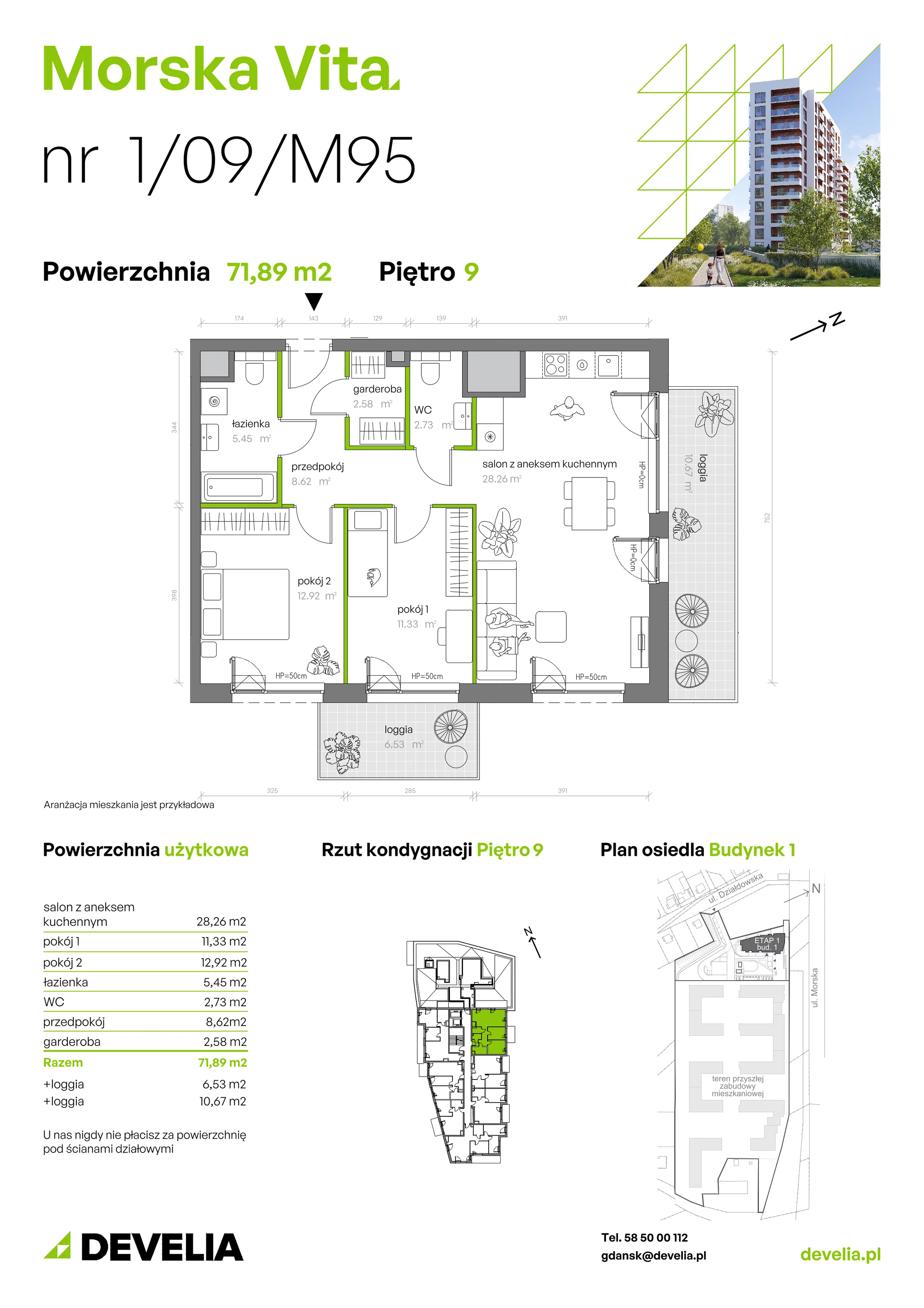 3 pokoje, mieszkanie 71,89 m², piętro 9, oferta nr 1.09.M95, Morska Vita, Gdynia, Leszczynki, Leszczynki, ul. Działdowska 3A