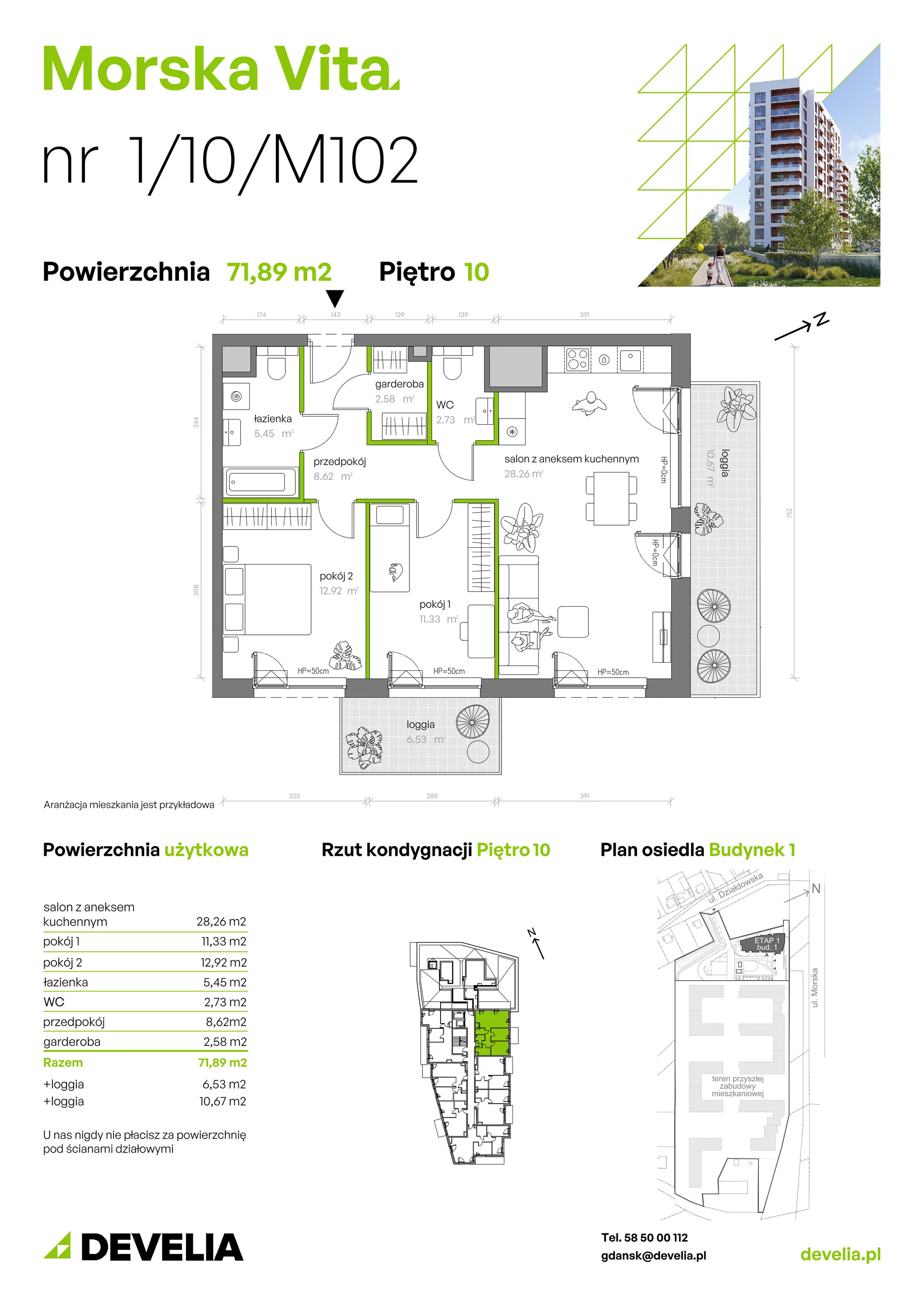 3 pokoje, mieszkanie 71,89 m², piętro 10, oferta nr 1.10.M102, Morska Vita, Gdynia, Leszczynki, Leszczynki, ul. Działdowska 3A